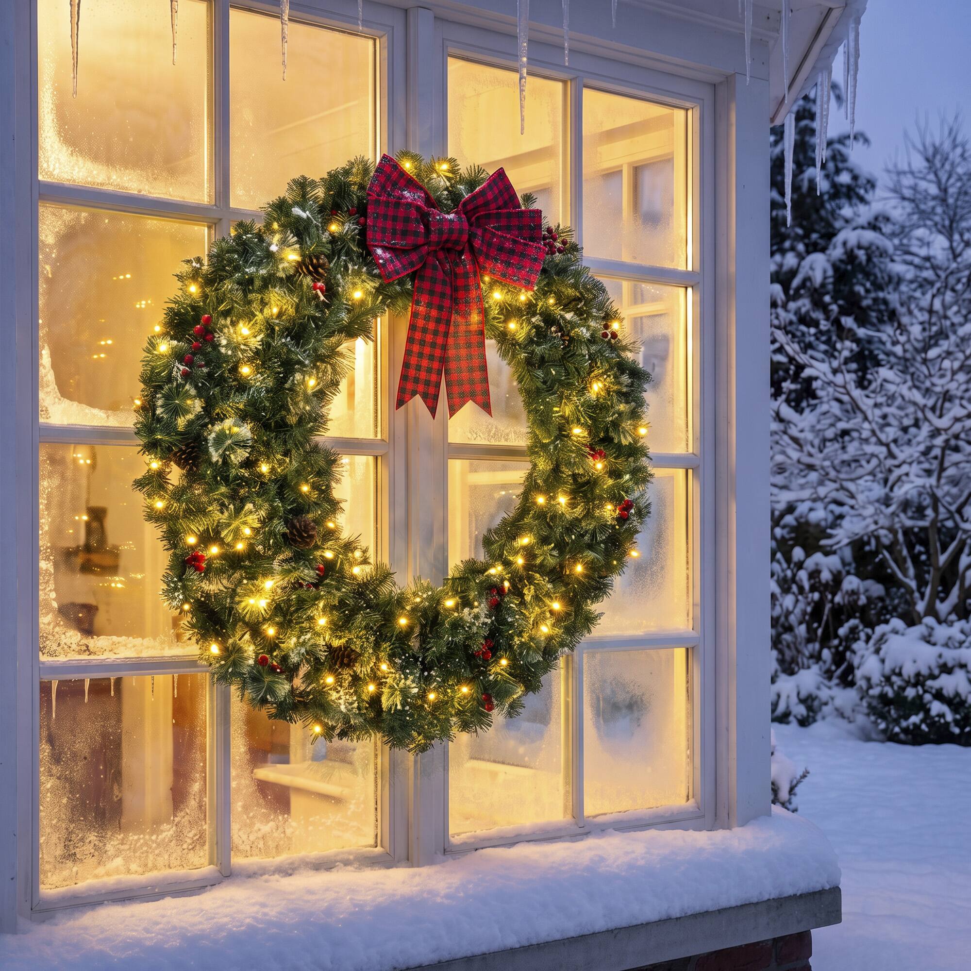 Alt View 1. Homcom - Prelit Crestwood Spruce Artificial Christmas Wreath, Christmas Decor with Bow, 8 Modes - Green.