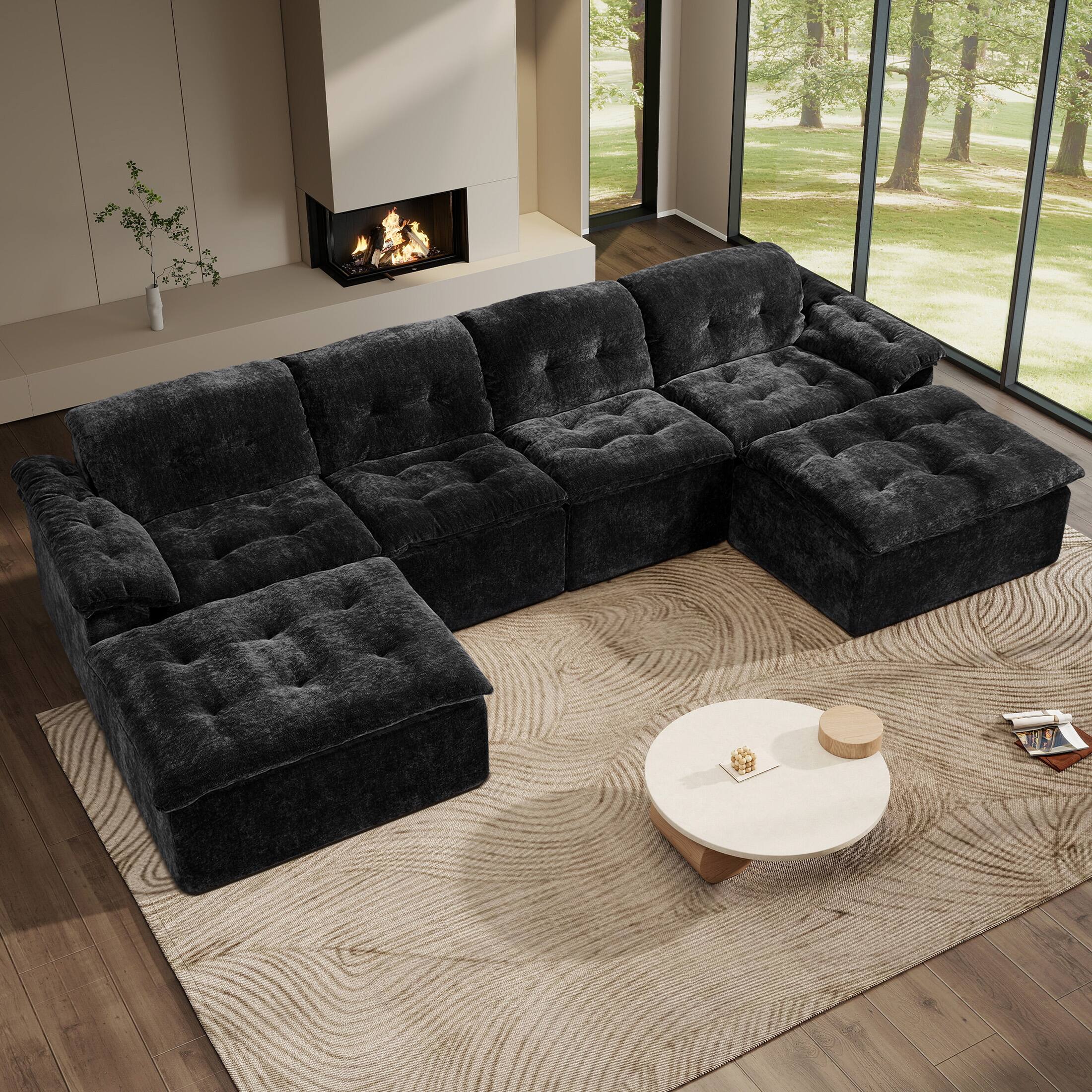Angle. Anysun - Anysun 4-Seater Chenille Upholstery Modular Convertible Design Generous Seating Cushioned Sofa with 2 Versatile Ottomans - Black.