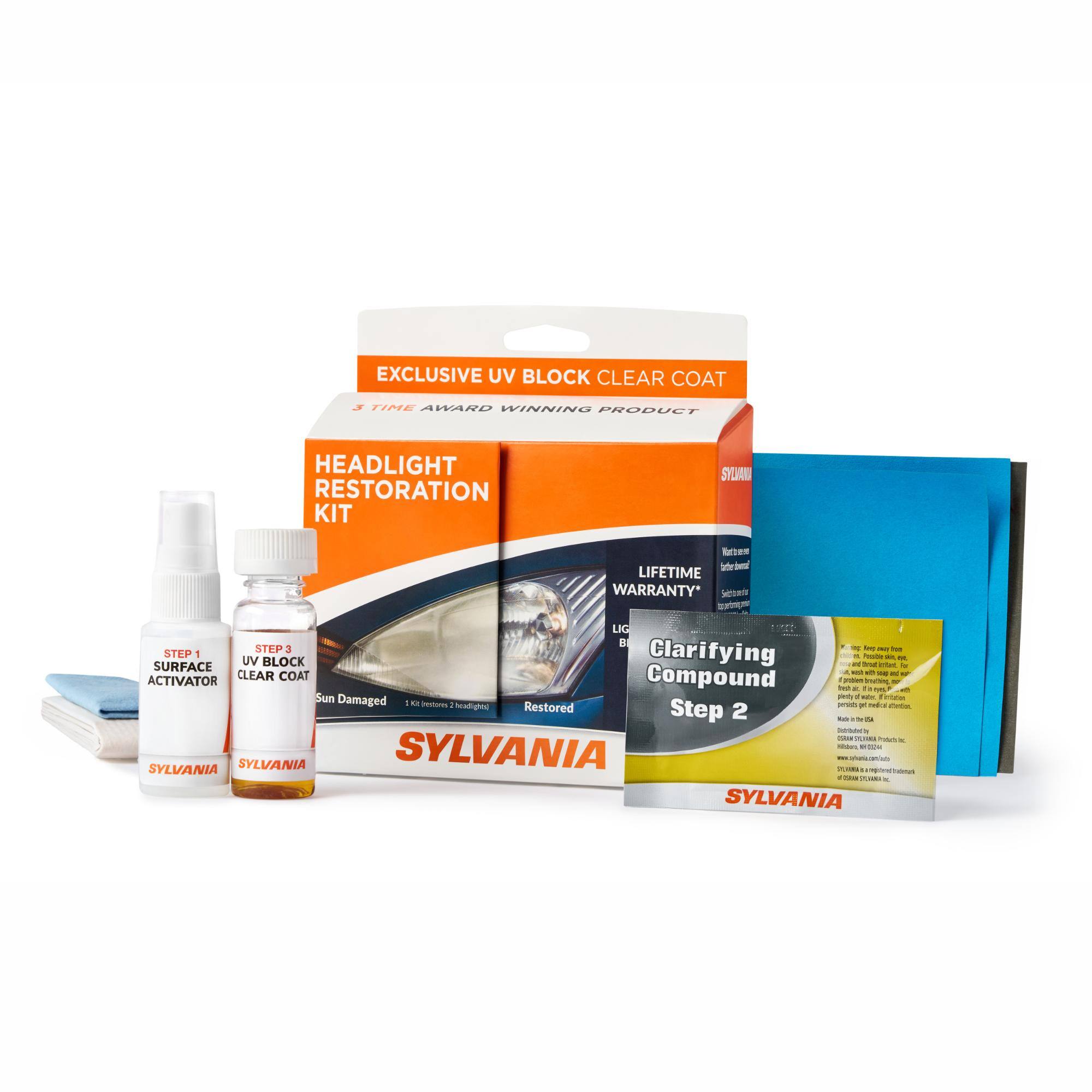 EXCLUSIVE UV BLOCK CLEAR COAT  
3 TIME AWARD WINNING PRODUCT  
HEADLIGHT RESTORATION KIT  
SYLVANIA  

LIFETIME WARRANTY*  

STEP 1 - SURFACE ACTIVATOR  
STEP 2 - Clarifying Compound  
STEP 3 - UV BLOCK CLEAR COAT  

Sun Damaged  
Restored  

SYLVANIA