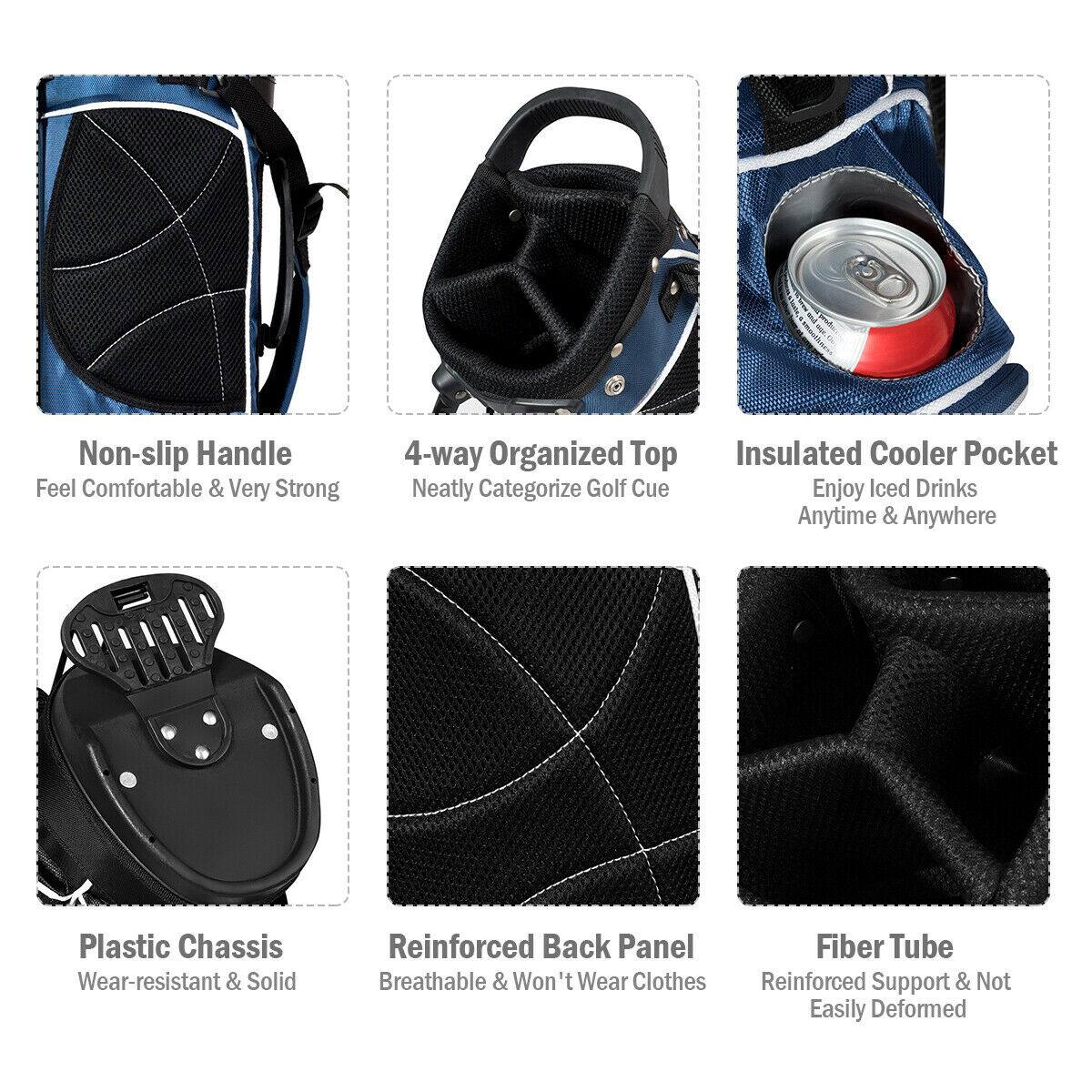 - Non-slip Handle  
  Feel Comfortable & Very Strong

- 4-way Organized Top  
  Neatly Categorize Golf Cue

- Insulated Cooler Pocket  
  Enjoy Iced Drinks Anytime & Anywhere

- Plastic Chassis  
  Wear-resistant & Solid

- Reinforced Back Panel  
  Breathable & Won't Wear Clothes

- Fiber Tube  
  Reinforced Support & Not Easily Deformed