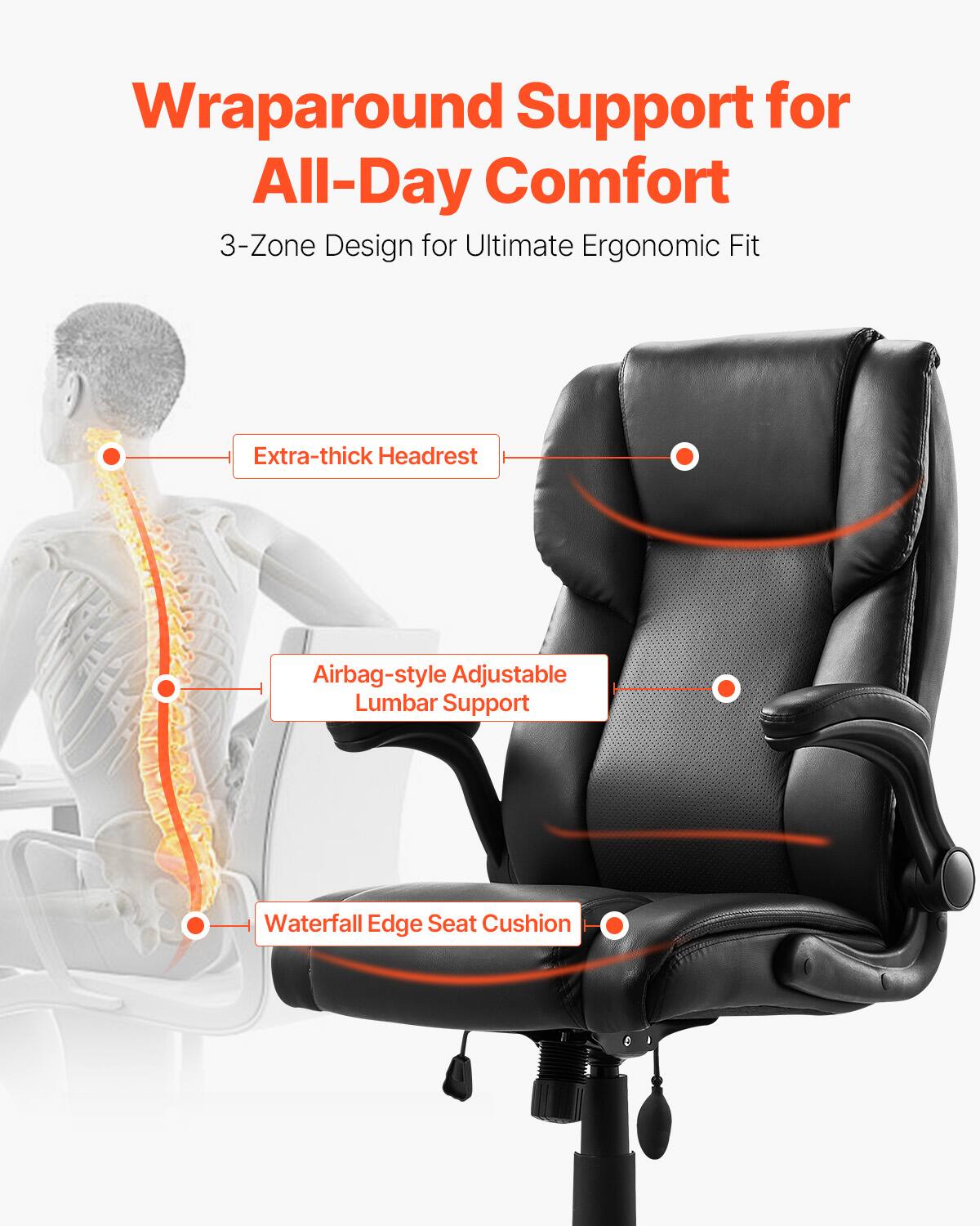 Wraparound Support for All-Day Comfort  
3-Zone Design for Ultimate Ergonomic Fit  

- Extra-thick Headrest  
- Airbag-style Adjustable Lumbar Support  
- Waterfall Edge Seat Cushion