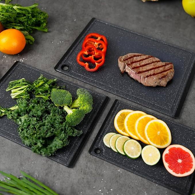 Back. PARKER SLATER - Kikcoin 3‑Pc Plastic Cutting Board Set – Non‑Slip, Juice Grooves, Dishwasher Safe.