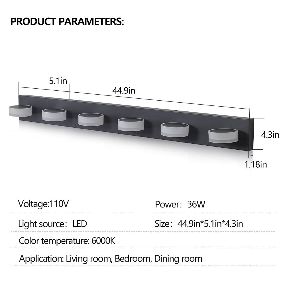 PRODUCT PARAMETERS:

- Voltage: 110V
- Power: 36W
- Light source: LED
- Color temperature: 6000K
- Size: 44.9in*5.1in*4.3in
- Application: Living room, Bedroom, Dining room

Dimensions:
- Length: 44.9in
- Width: 5.1in
- Height: 4.3in
- Depth: 1.18in