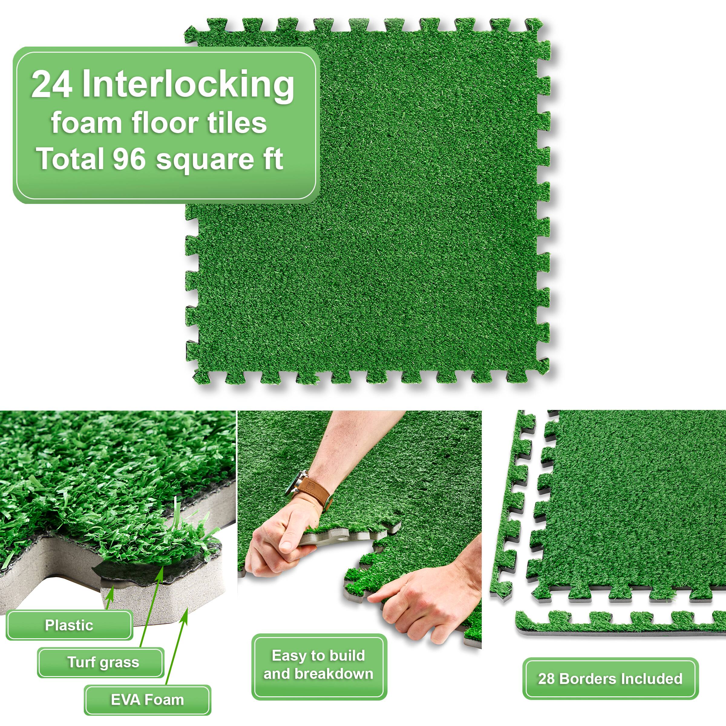 24 Interlocking foam floor tiles  
Total 96 square ft  

Plastic  
Turf grass  
EVA Foam  

Easy to build and breakdown  

28 Borders Included