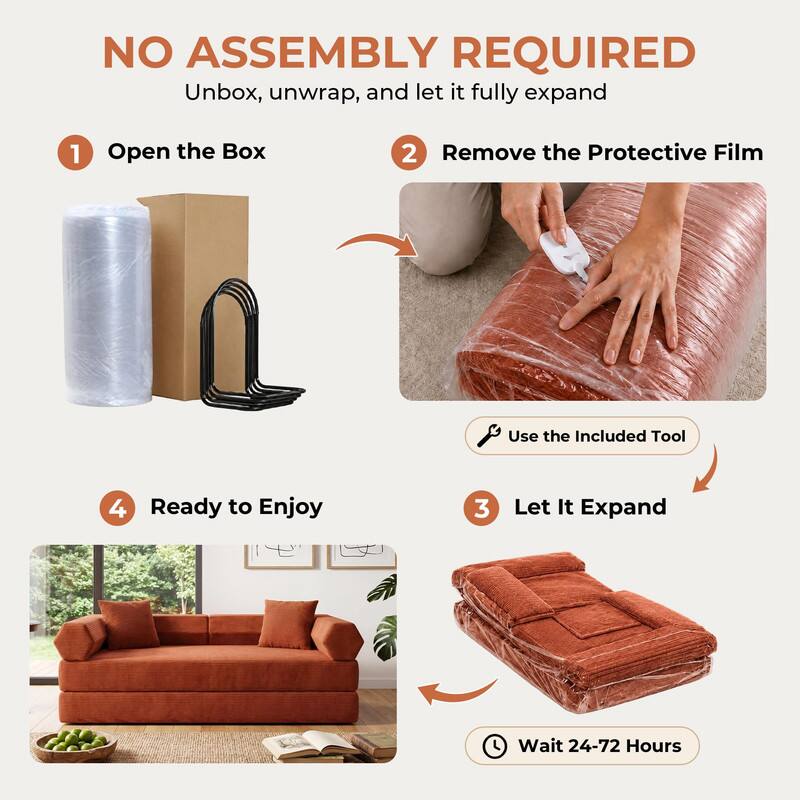 NO ASSEMBLY REQUIRED  
Unbox, unwrap, and let it fully expand

1. Open the Box
2. Remove the Protective Film
3. Let It Expand
4. Ready to Enjoy

Use the Included Tool  
Wait 24-72 Hours