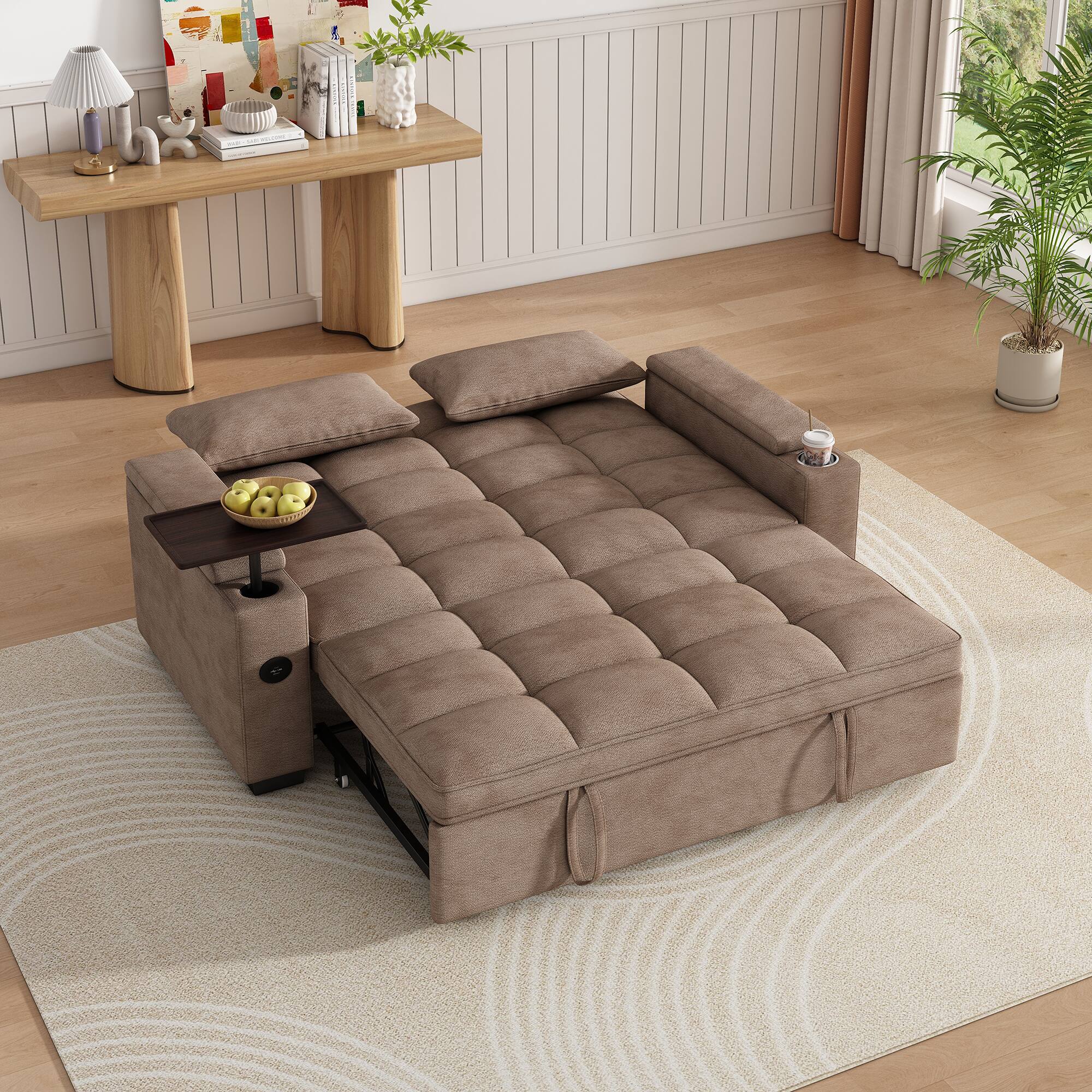 Angle. Anysun - 65" 3-in-1 Chenille Convertible Sofa Bed - Pullout Design with 90° Swivel Table, Easy Assembly for Living Room - Khaki.