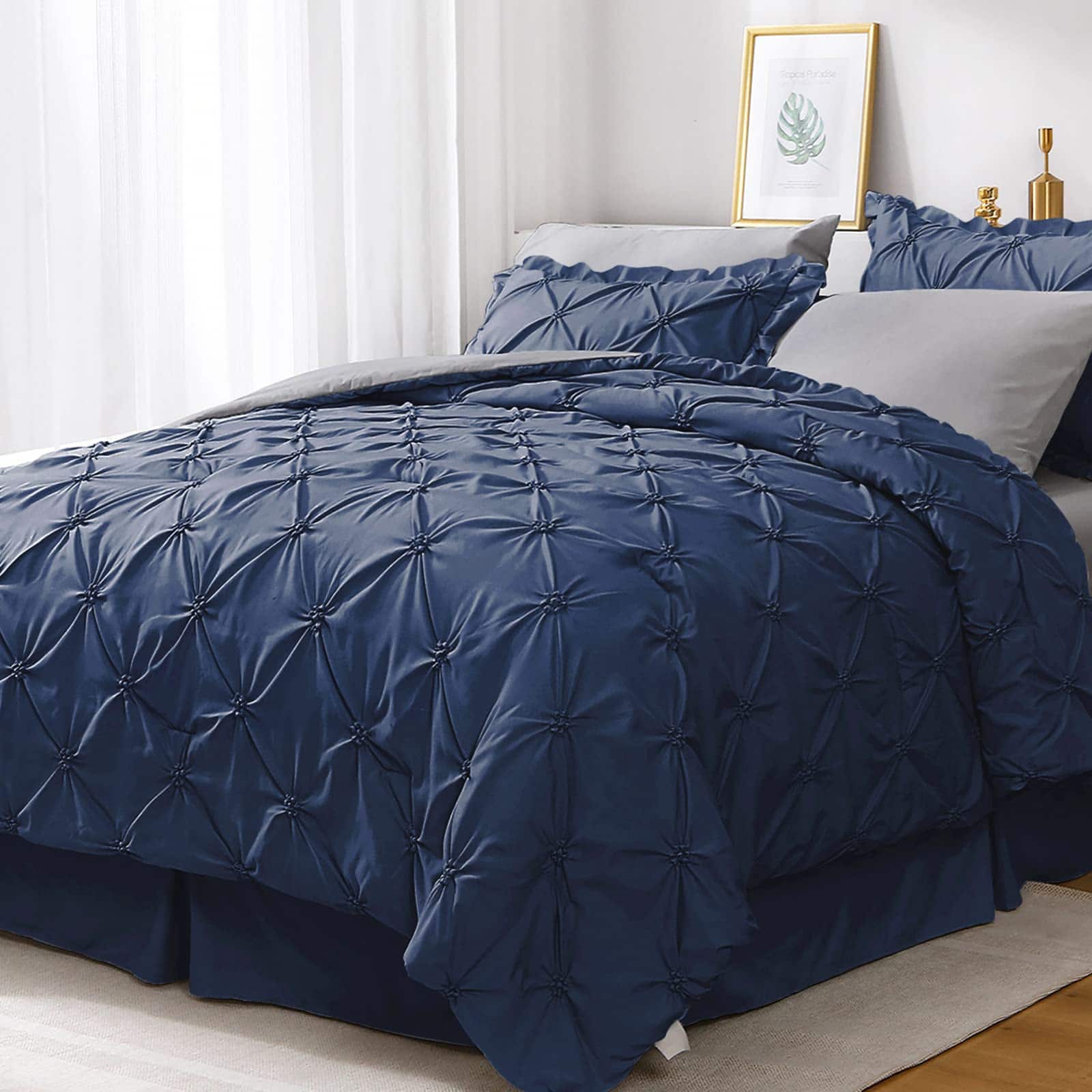 NICHOLAS KLEIN - Queen Comforter Set Pintuck Comforters In A Bag For Bedroom Bedding Sets With Sheets Ruffled Shams Pillowcases - Navy Blue/Gray Queen(88"x 88")