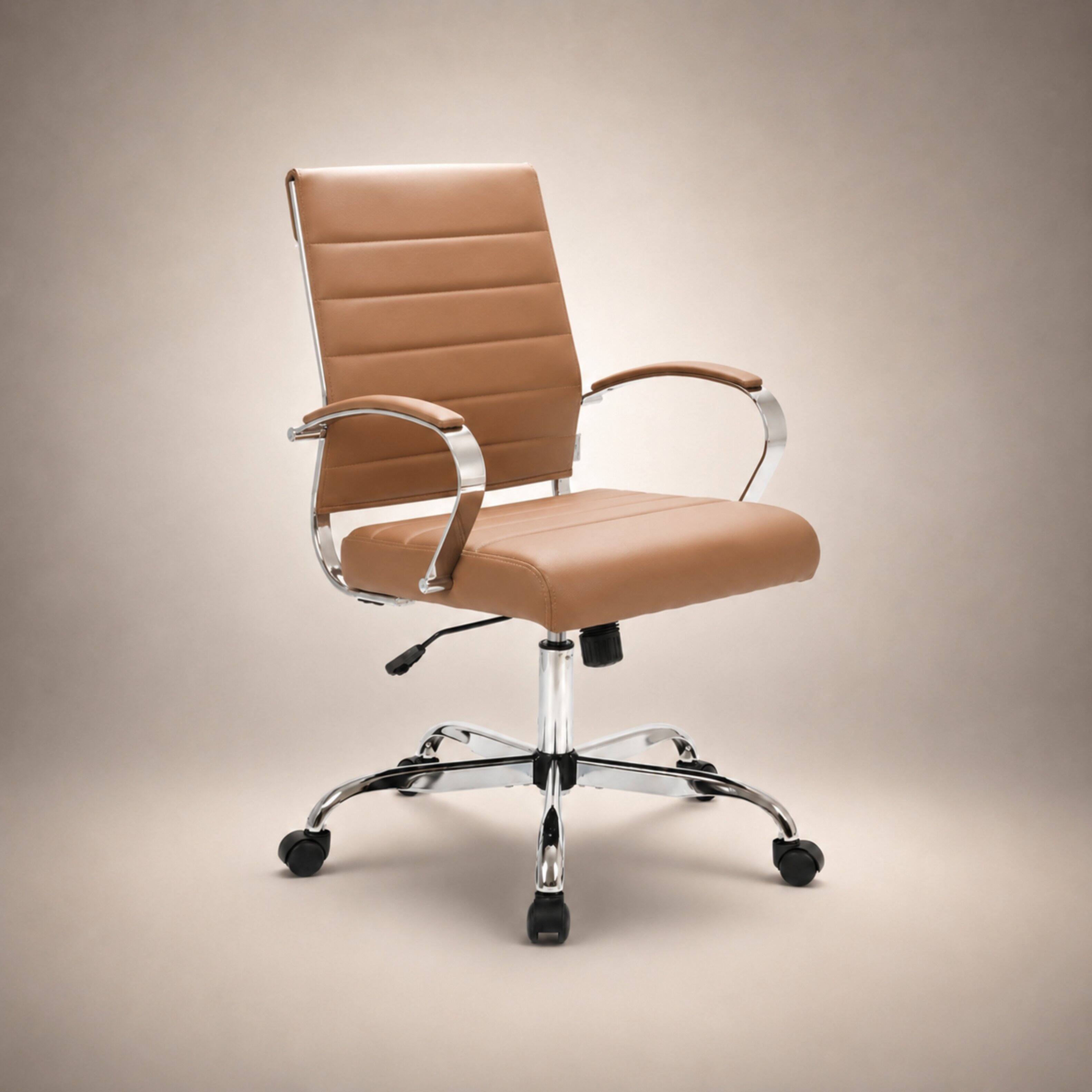 Alt View 6. LeisureMod - Benmar Modern Ergonomic Ribbed Leather Office Desk Chair, Steel Frame, Computer Chair for Home Office & Workspace Use - Brown.