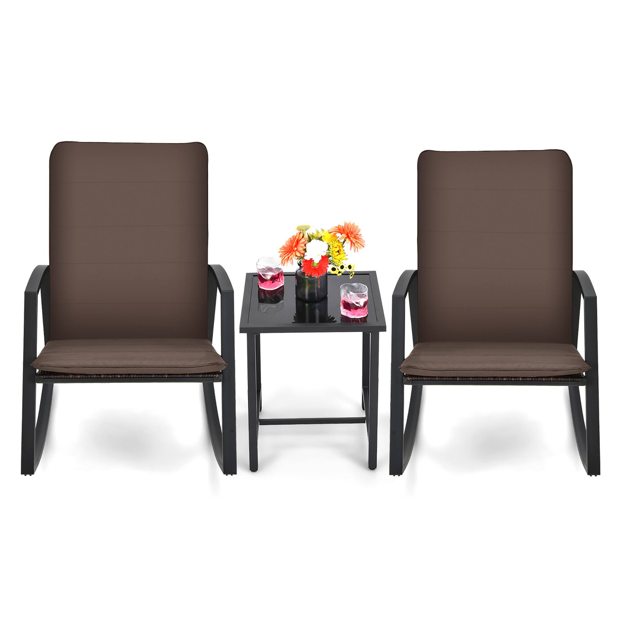 Alt View 9. Gymax - Gymax 3PCS Rattan Bistro Rocking Chair Set Patio Furniture Set w/ Brown Cushions - Brown.