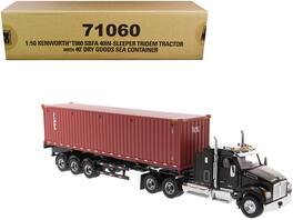 Diecast Masters - Kenworth T880 SBFA 40" Sleeper Tridem Truck Black Metallic with Flatbed Trailer 40' TEX Container Transport 1/50 Diecast - Multi