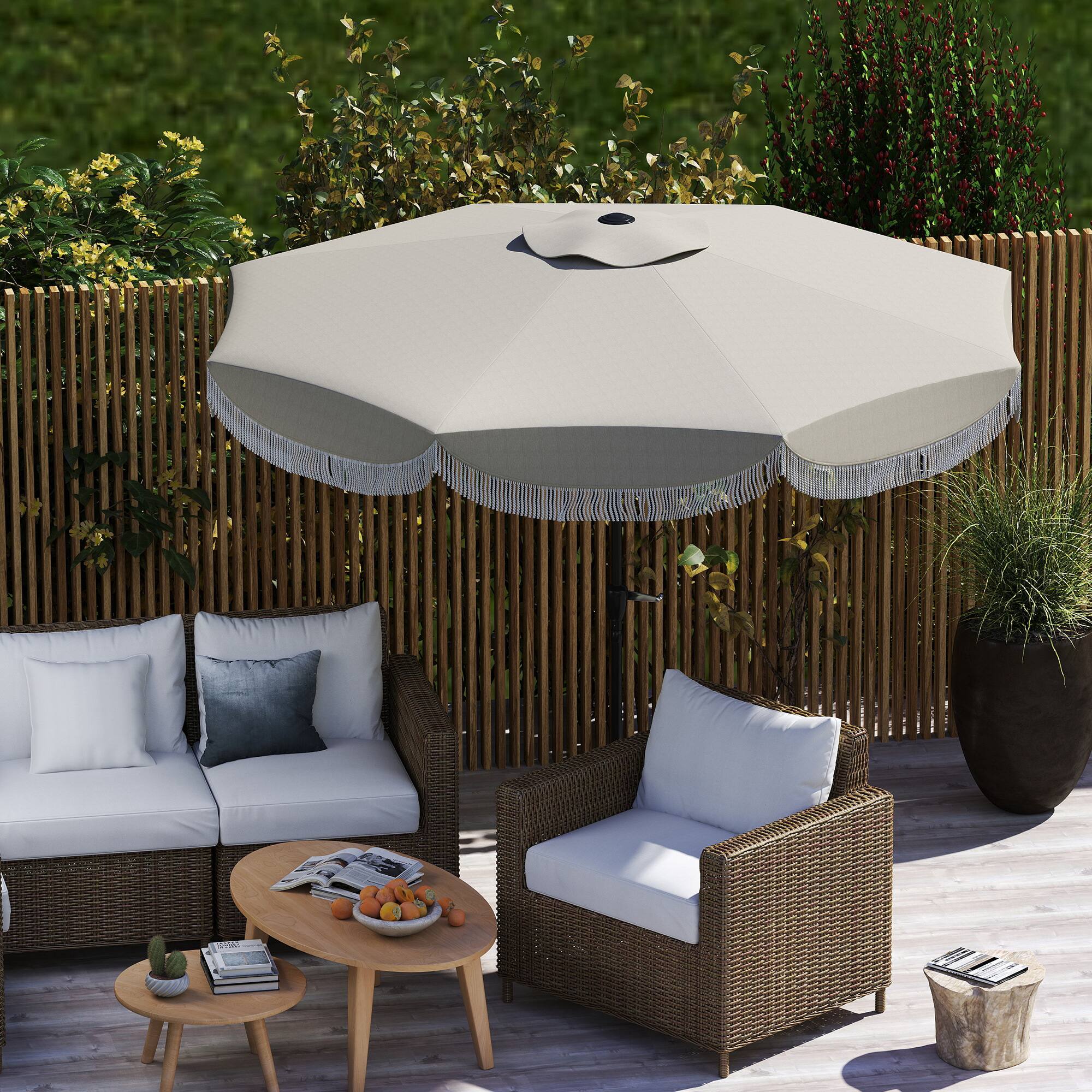 Alt View 5. Outsunny - 9FT Patio Umbrella, UPF 30+ Outdoor Market Umbrella with Crank, 8 Ribs, Push Button Tilt, Vented Patio Table Umbrella - Light Gray.
