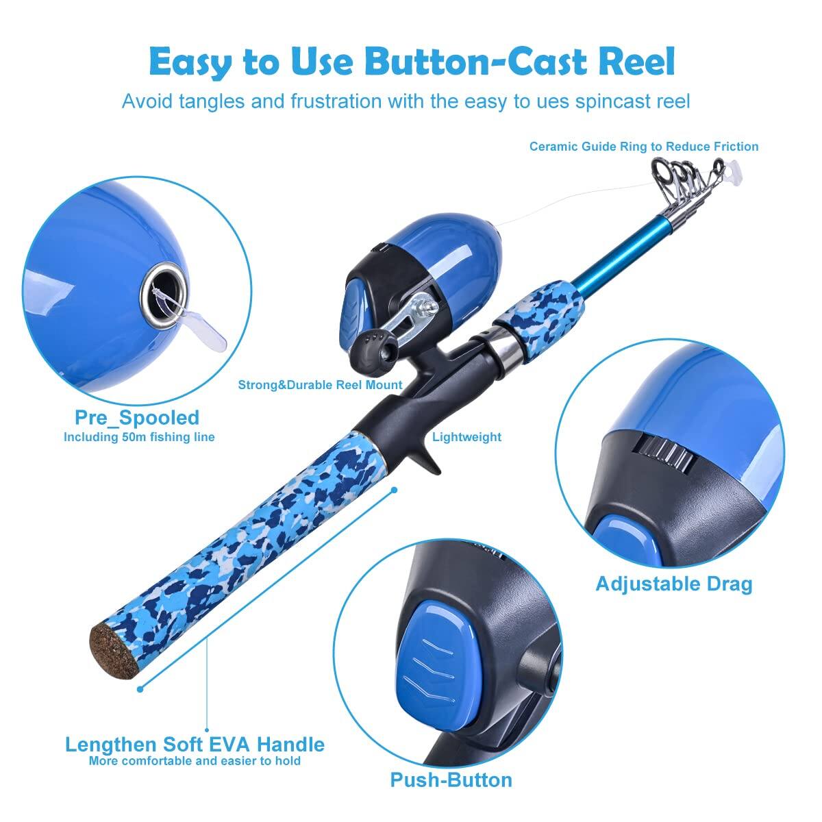 Easy to Use Button-Cast Reel

Avoid tangles and frustration with the easy to use spincast reel

- Ceramic Guide Ring to Reduce Friction
- Strong & Durable Reel Mount
- Pre-Spooled (Including 50m fishing line)
- Lightweight
- Adjustable Drag
- Lengthen Soft EVA Handle (More comfortable and easier to hold)
- Push-Button