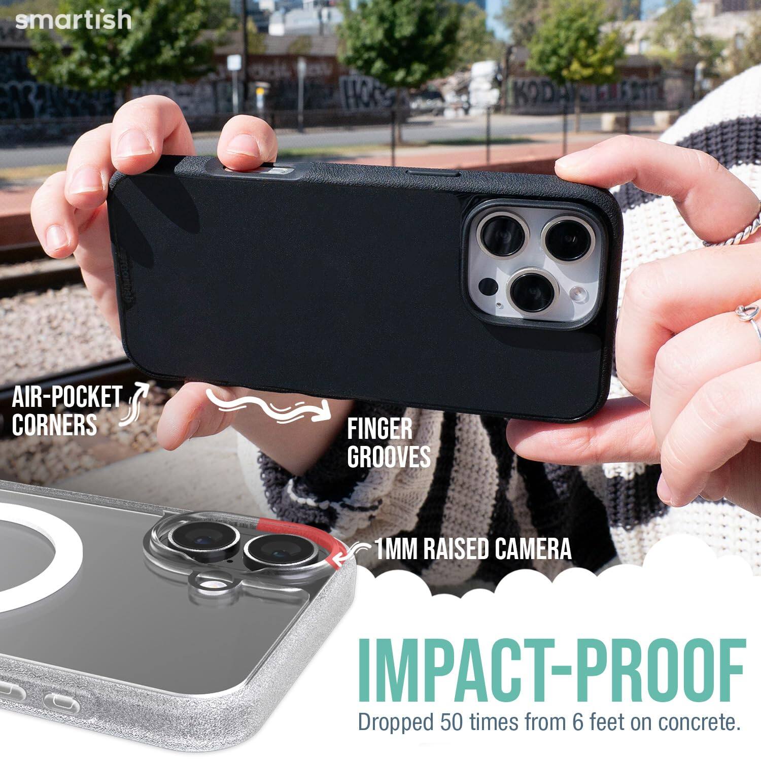 smartish  
AIR-POCKET CORNERS  
FINGER GROOVES  
1MM RAISED CAMERA  
IMPACT-PROOF  
Dropped 50 times from 6 feet on concrete.