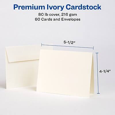 Premium Ivory Cardstock  
80 lb cover, 216 gsm  
60 Cards and Envelopes  
5-1/2" x 4-1/4"