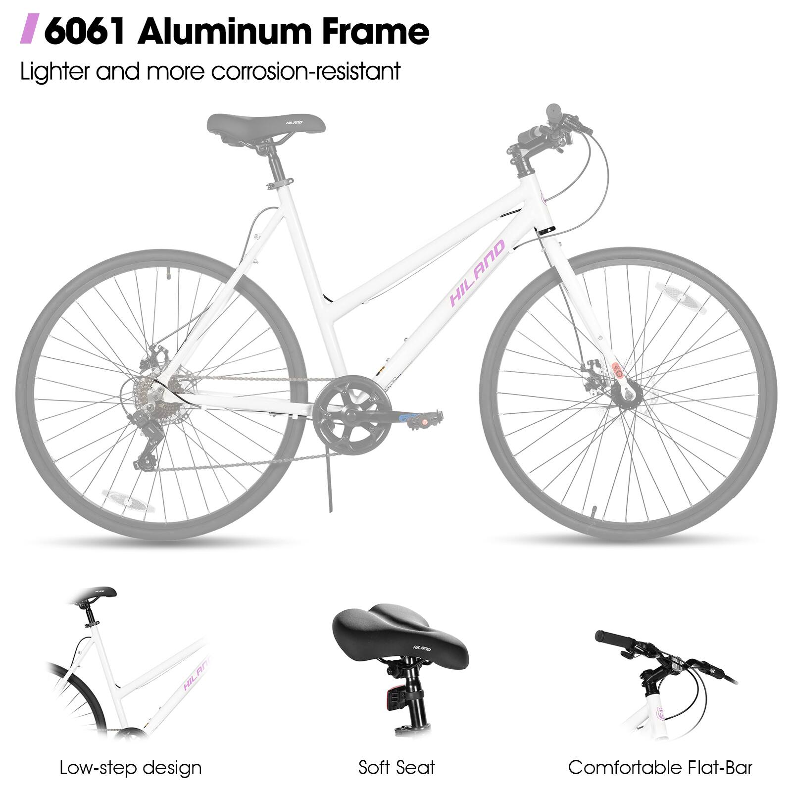 6061 Aluminum Frame, Lighter and more corrosion-resistant, Low-step design, Soft Seat, Comfortable Flat-Bar