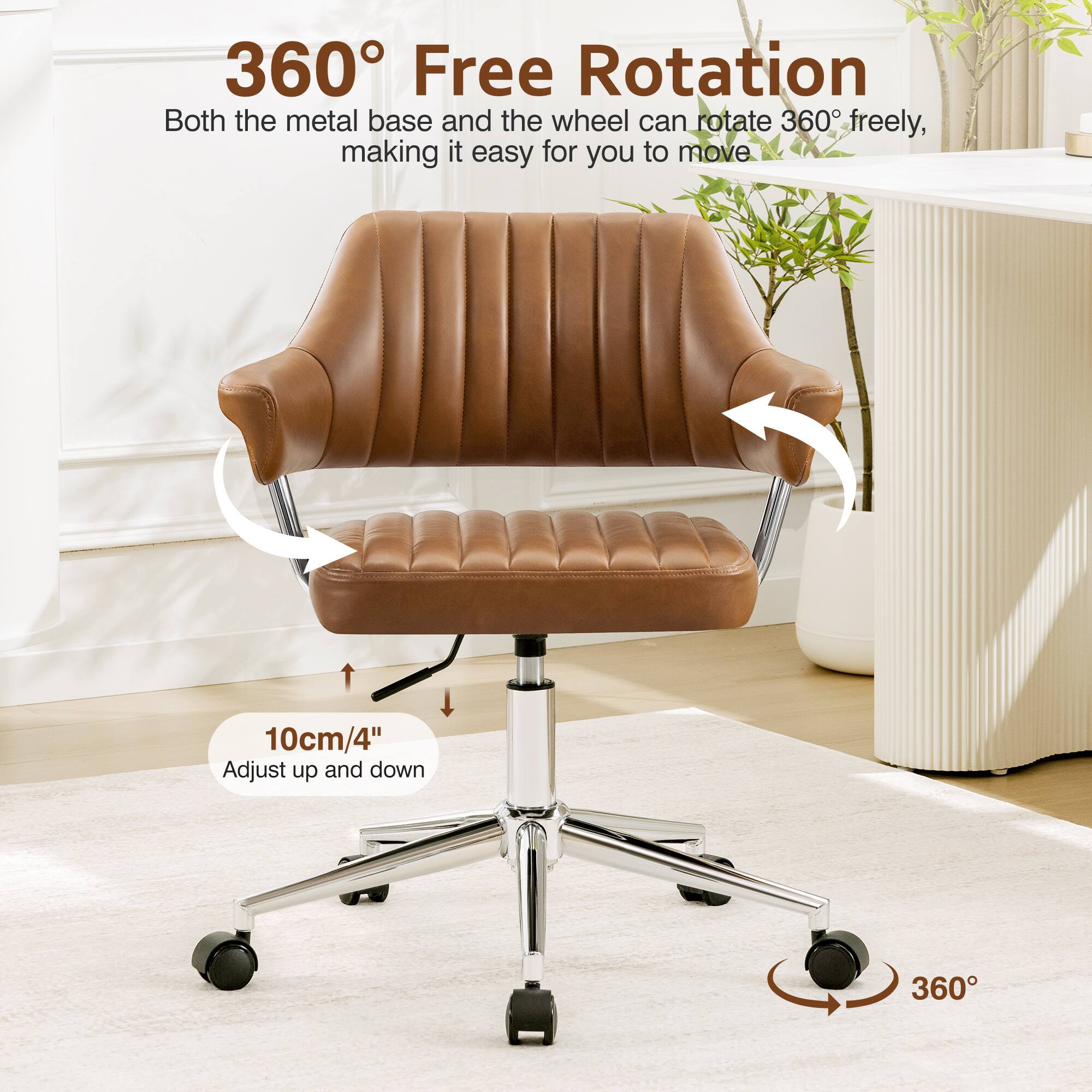 360° Free Rotation  
Both the metal base and the wheel can rotate 360° freely, making it easy for you to move.  

10cm/4"  
Adjust up and down