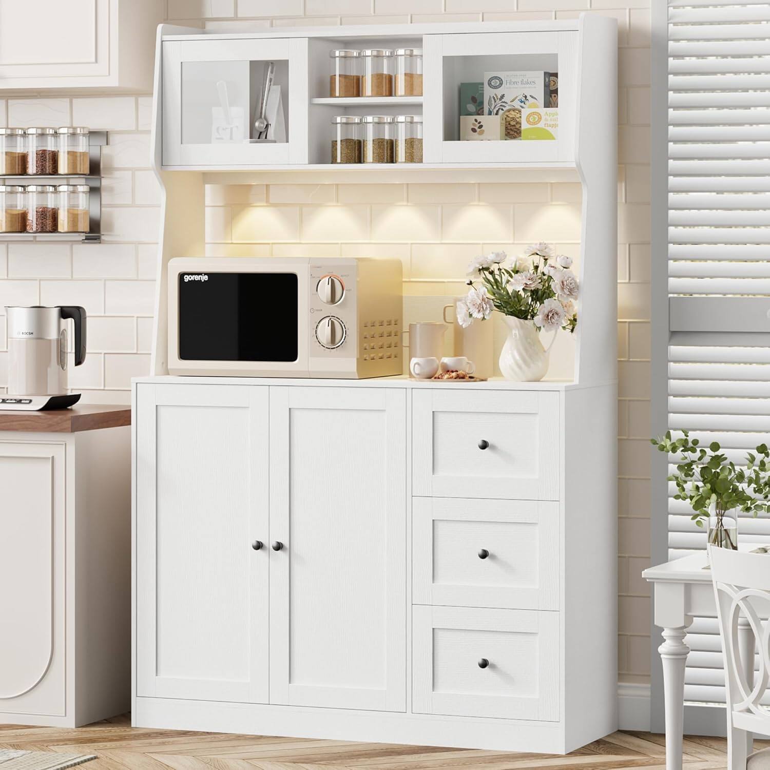 The text in the image reads:

- "gorenje" (on the microwave)
- "Filo Bakes" (on the box of baking mix)
- "Apple Cinnamon" (on the box of baking mix)