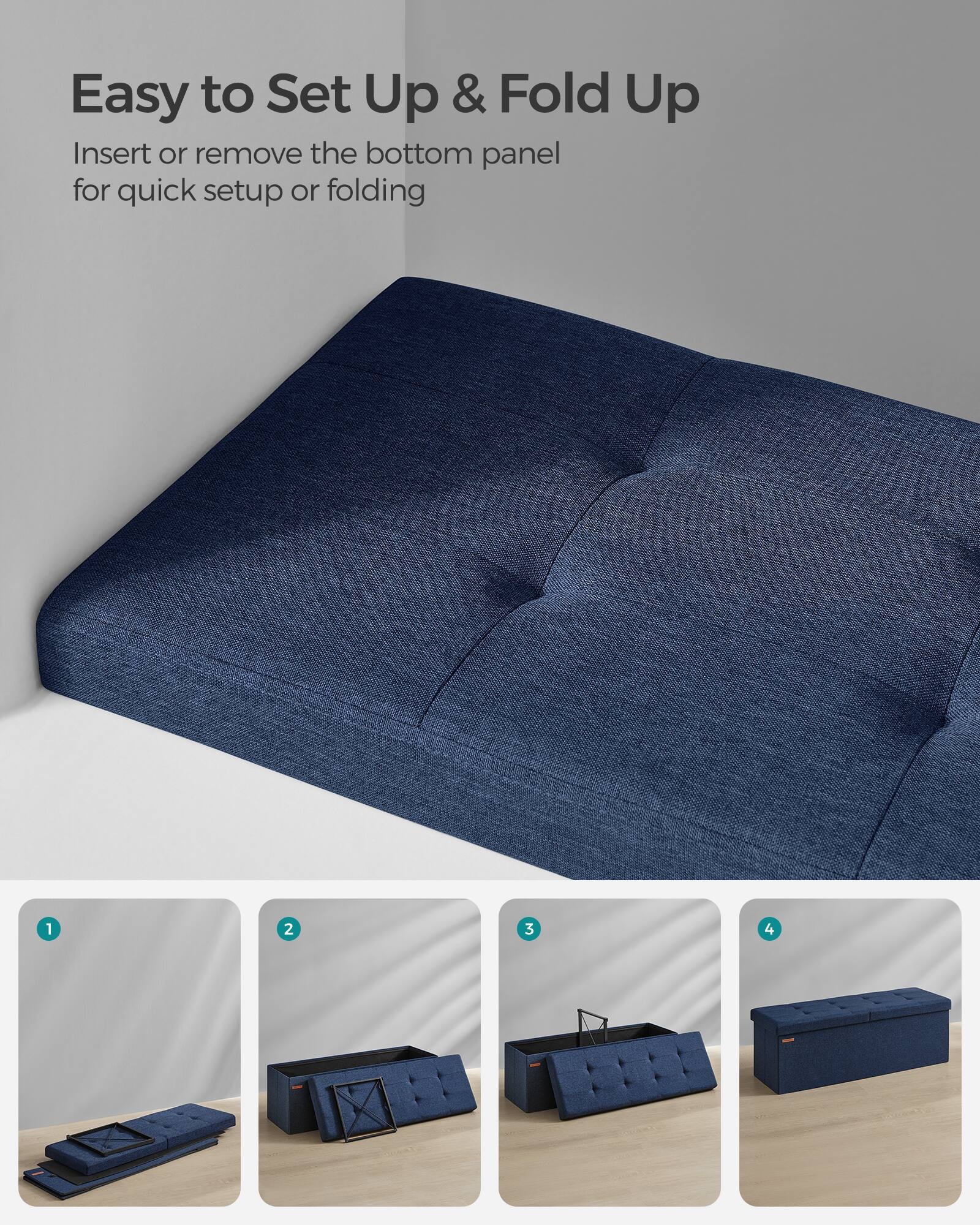 Easy to Set Up & Fold Up

Insert or remove the bottom panel for quick setup or folding

1. 2. 3. 4.