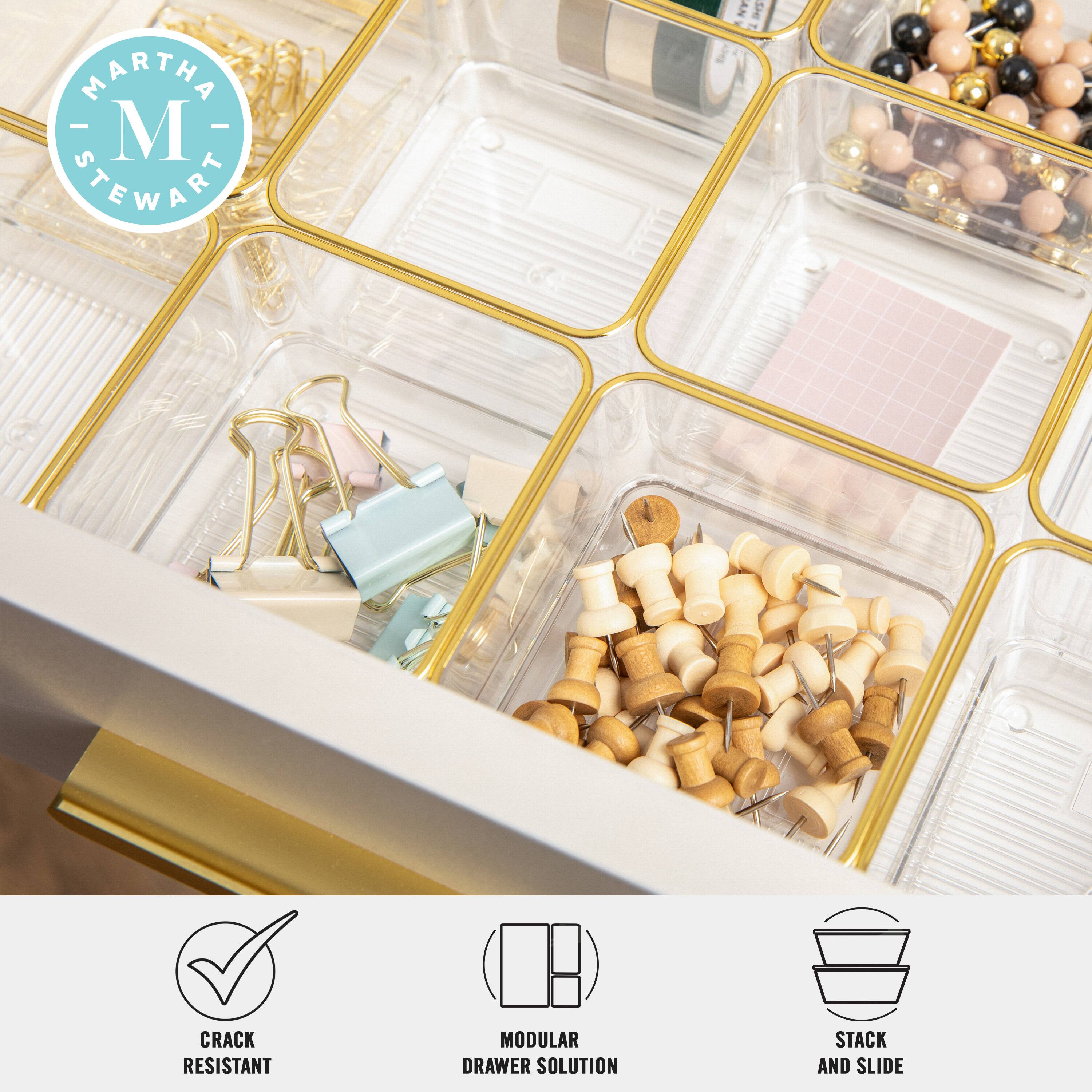 Martha Stewart offers a modular drawer solution that includes stack and slide features, providing a practical and organized storage solution for various items.