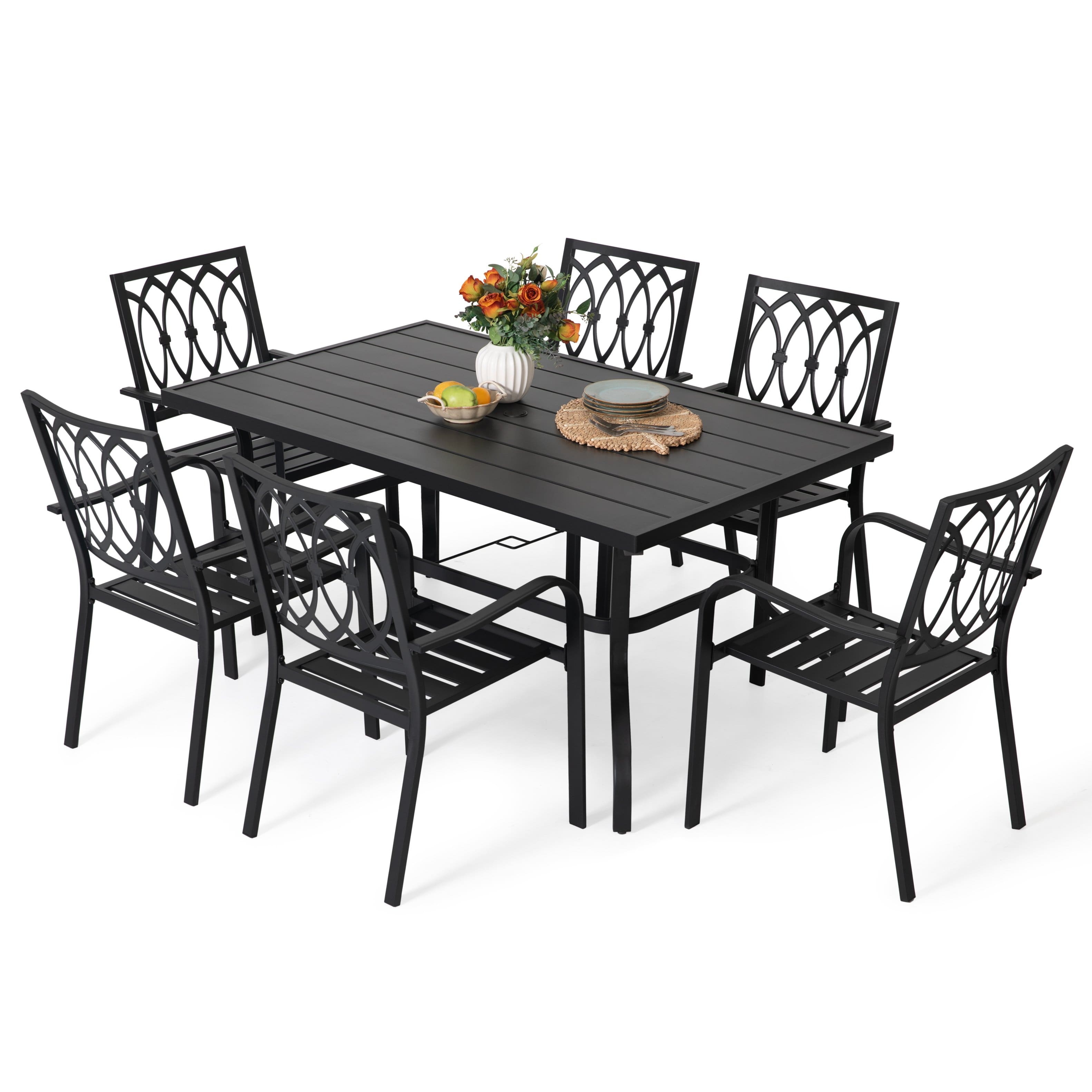 Nuu Garden - 7-Piece Metal Outdoor Dining Set with Umbrella Hole and 6 Stackable Chairs - Black