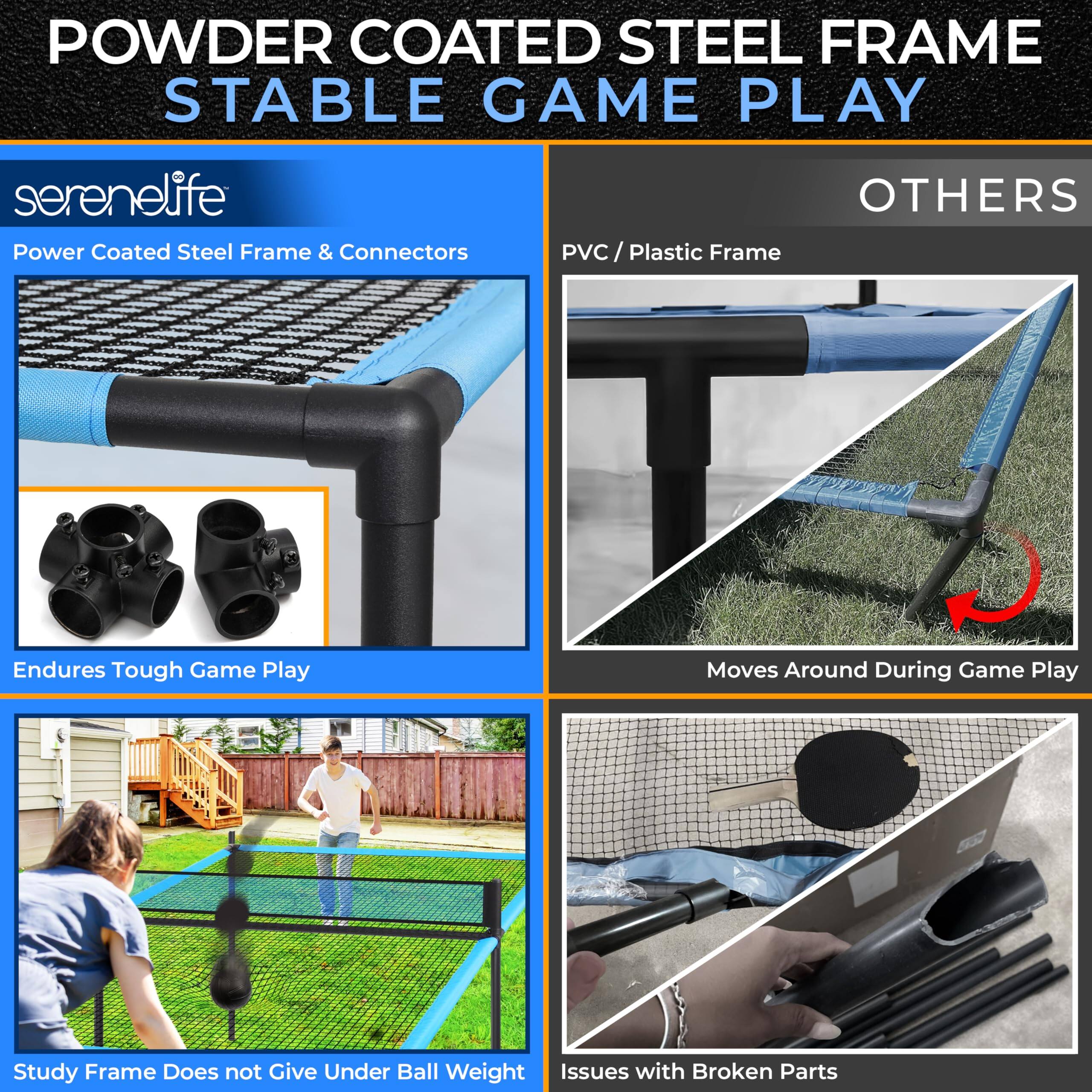 **POWDER COATED STEEL FRAME STABLE GAME PLAY**

**serenelife**
- Power Coated Steel Frame & Connectors
- Endures Tough Game Play
- Study Frame Does not Give Under Ball Weight

**OTHERS**
- PVC / Plastic Frame
- Moves Around During Game Play
- Issues with Broken Parts