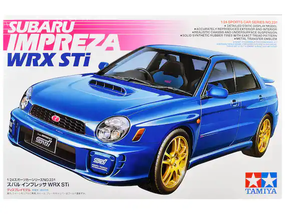 SUBARU IMPREZA WRX STi
1/24 SPORTS CAR SERIES NO.231
DETAILED STATIC DISPLAY MODEL
*ACCURATELY REPRODUCED EXTERIOR AND INTERIOR
*REALISTIC CHASSIS AND UNDERSURFACE SUSPENSION
*SOLID SYNTHETIC RUBBER TIRES WITH EXACT TREAD PATTERN
*METAL TRANSFER EMBLEM
*READY TO ASSEMBLE PRECISION MODEL KIT
DETAILED SCALE MODEL FOR HOBBYSTS AGE 14 AND ABOVE. THIS IS NOT A TOY. CEMENT & PAINT NOT INCLUDED
50031
IMPREZA STI
SUBARU INTERNATIONAL TECNICA
1/24 NO.231 WRX STi
TAMIYA