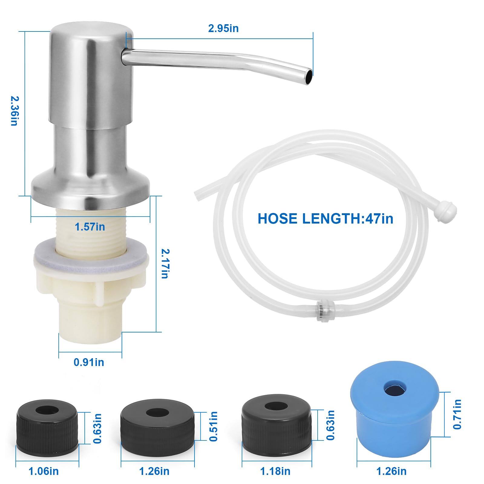 2.95in  
2.36in  
1.57in  
2.17in  

HOSE LENGTH: 47in  

0.91in  
0.63in  
0.51in  
0.63in  
0.71in  
1.06in  
1.26in  
1.18in  
1.26in