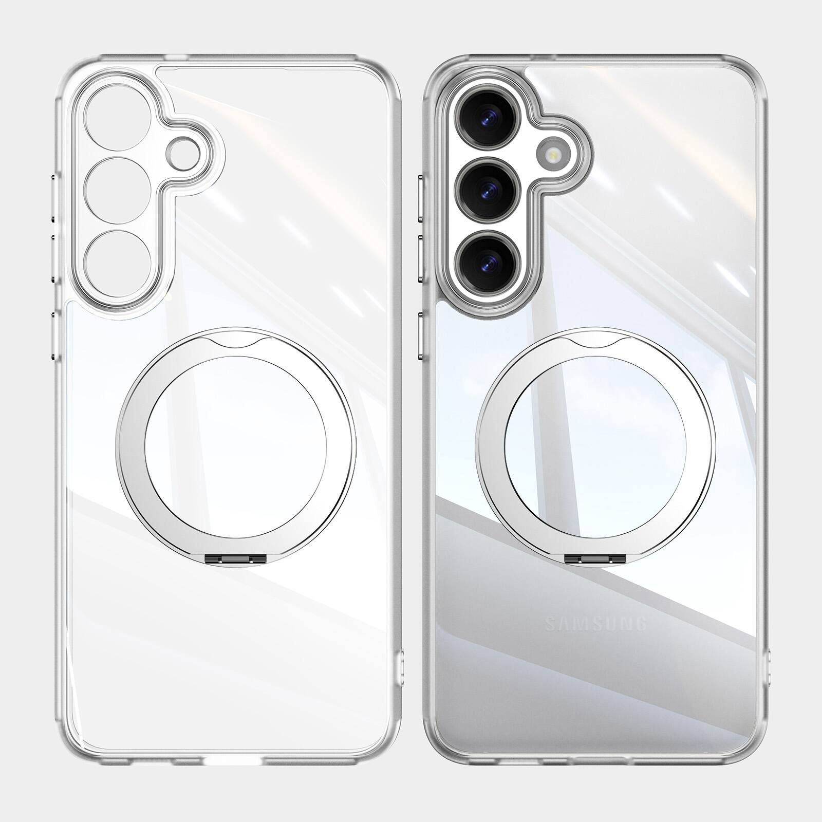 Left. Dteck - Magnetic Clear Case For Samsung Galaxy S26, Shockproof Anti-Scratch 360° Ring Holder Stand PC+TPU Protection Cover - White.
