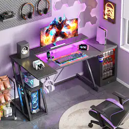 Furnulem - 47 In Gaming Desk with Monitor StandCPU StandPower OutletLED LightHome Office Desk with Cup HolderHeadphone Hook - Black