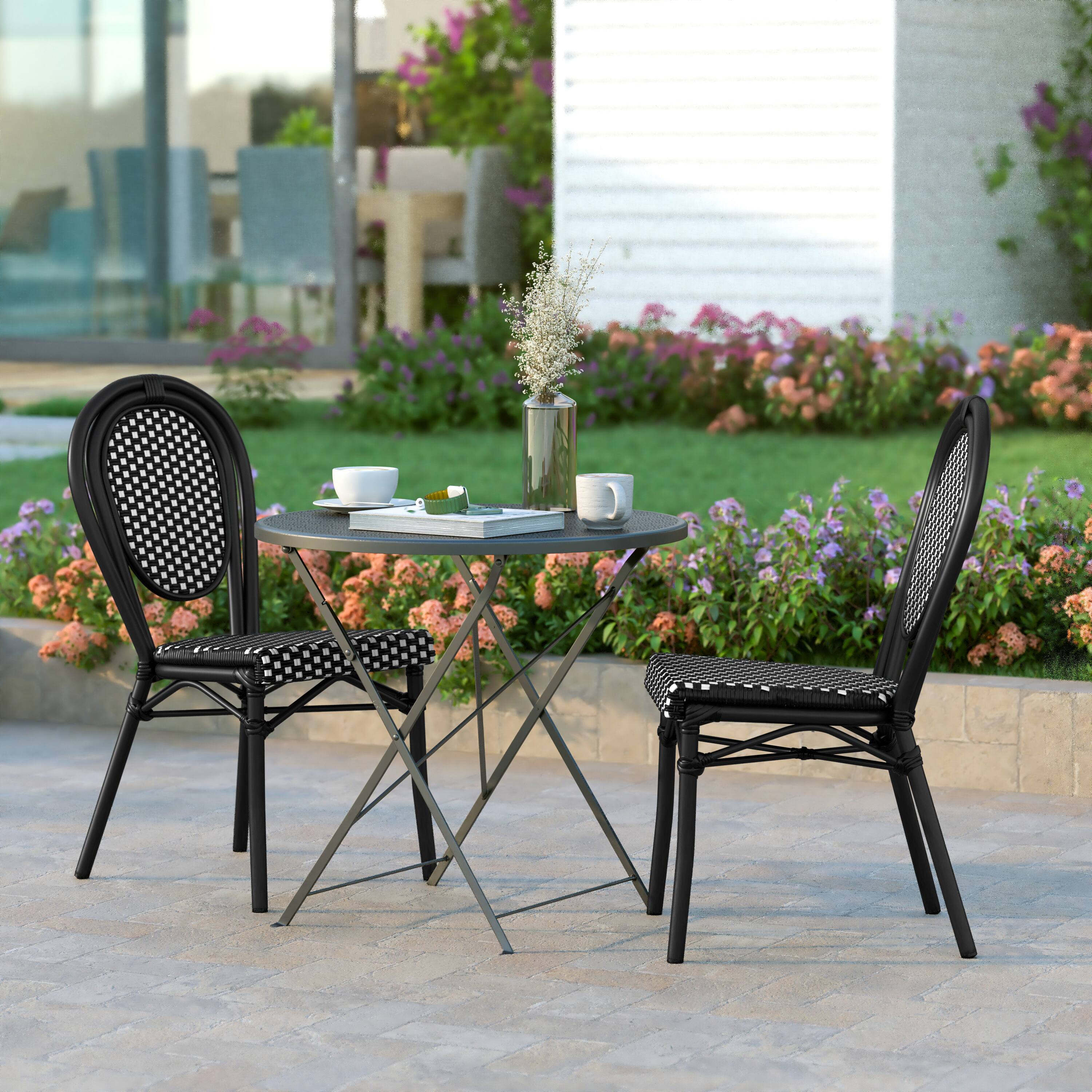 Alt View 4. Emma + Oliver - Colmar Set of Two Indoor/Outdoor Stacking Thonet Bistro Style Chairs with PE Rattan Seat and Finished Metal Frame - Black & White/Black Frame.