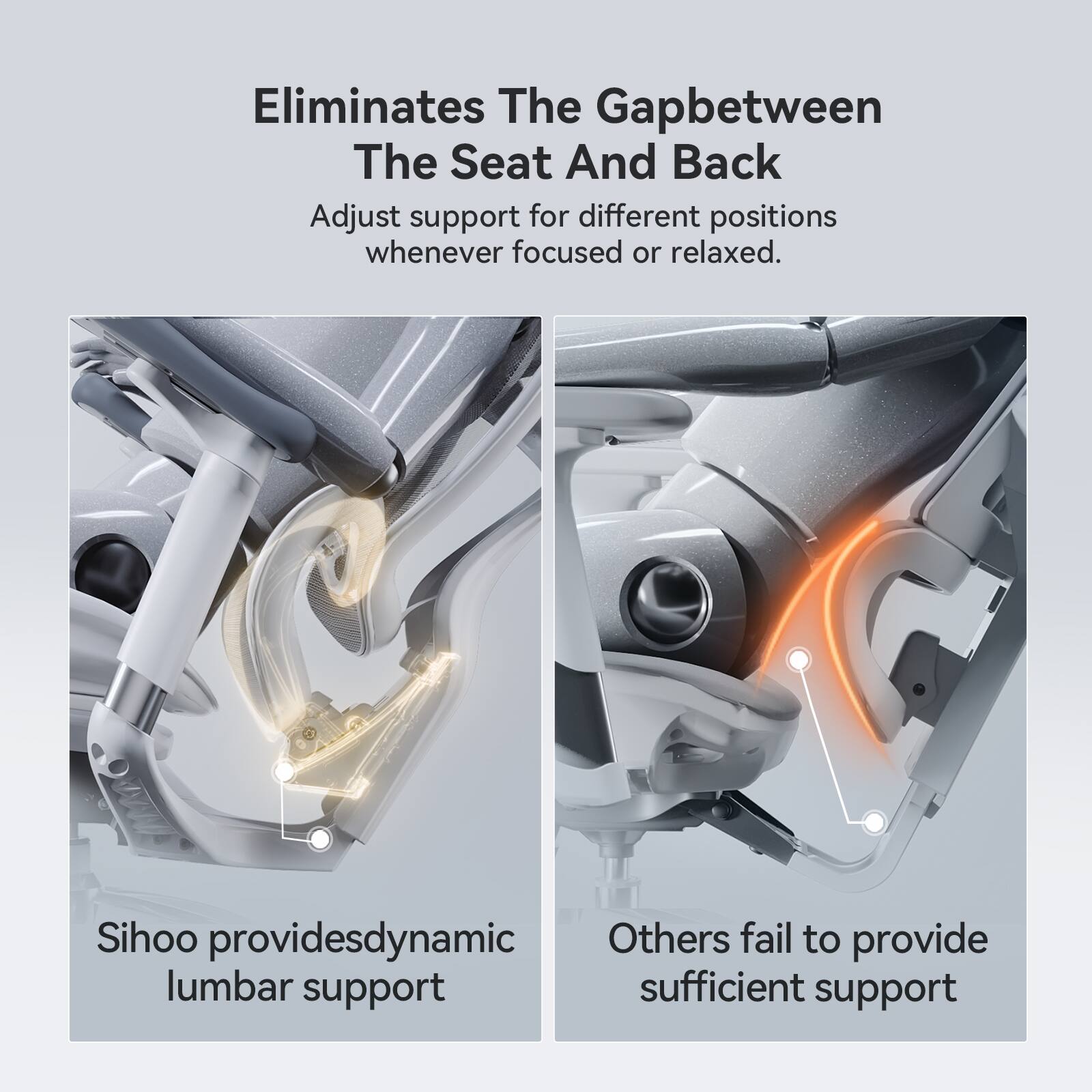 Eliminates The Gap between The Seat And Back

Adjust support for different positions whenever focused or relaxed.

Sihoo provides dynamic lumbar support

Others fail to provide sufficient support