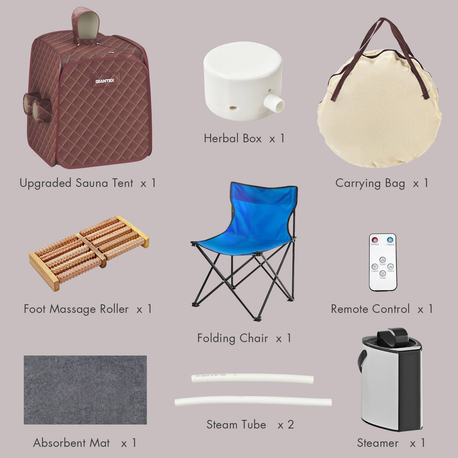 DRANTEX Herbal Box x 1 Upgraded Sauna Tent x 1 Carrying Bag x 1 Foot Massage Roller x 1 Remote Control x 1 Folding Chair x 1 Absorbent Mat x 1 Steam Tube x 2 Steamer x 1
