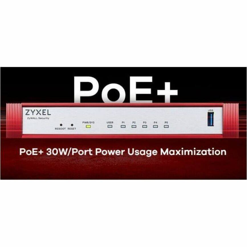 PoE+ USE ZYXEL ZyWALL Security  
PWR/SYS USER P1 P2 P3 P4 PS REBOOT RESET  
PoE+ 30W/Port Power Usage Maximization