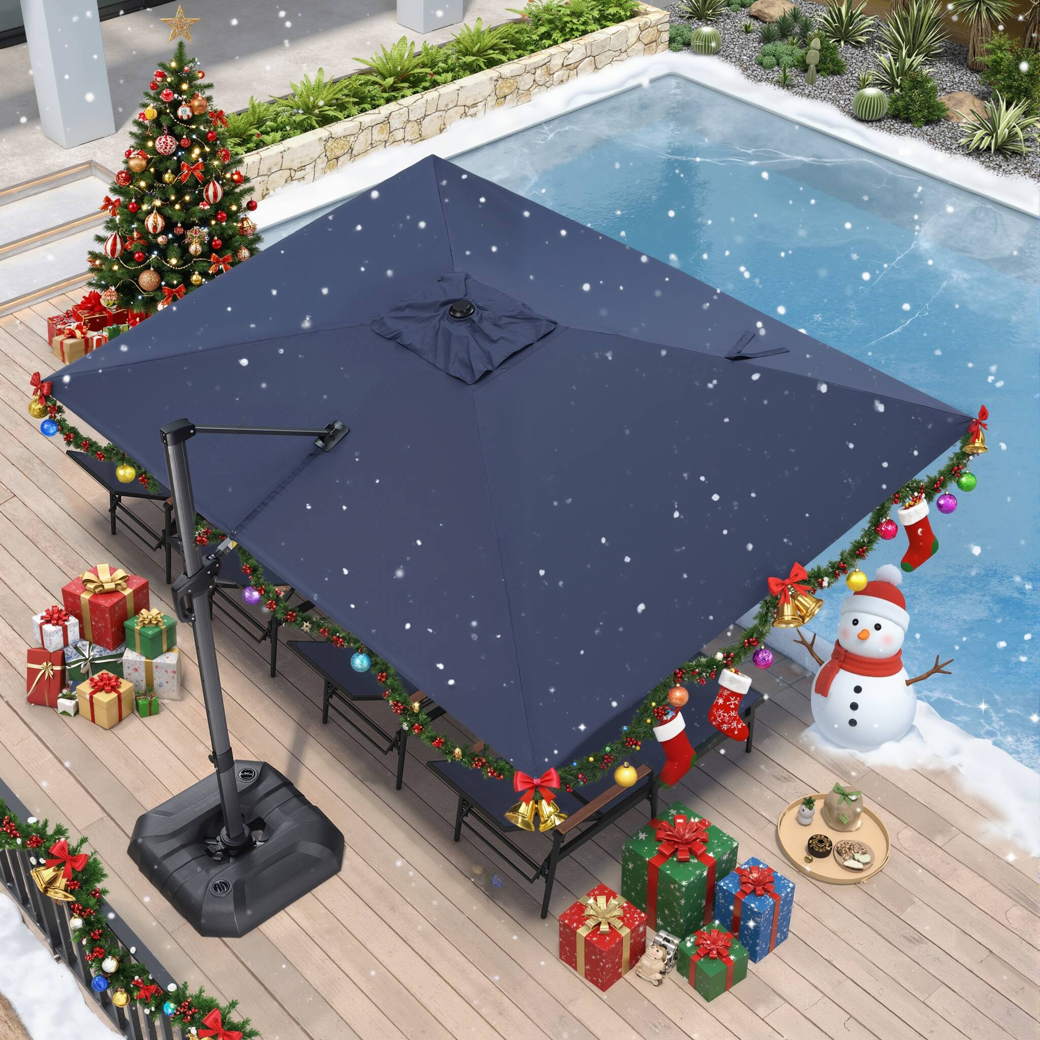 Front. PURPLE LEAF - 9' X 11.5' Aluminum Outdoor Patio Cantilever Umbrella Offset 360° Rotation Umbrella with Base for Garden Deck Pool - Navy Blue.