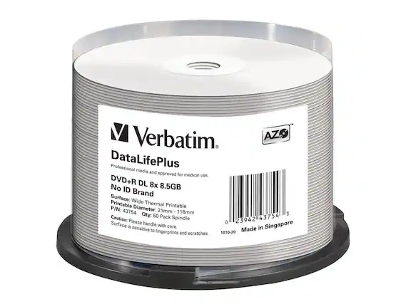 Verbatim
AZ DataLifePlus
Professional media and approved for medical use.
DVD+R DL 8x No ID 8.5GB
Brand
Surface: Wide Thermal Printable
P/N: 43754
Diameter: 21mm - 118mm
Qty: 50
Caution: Please handle with care.
Surface is sensitive to fingerprints and scratches.
Made in Singapore
1010-20