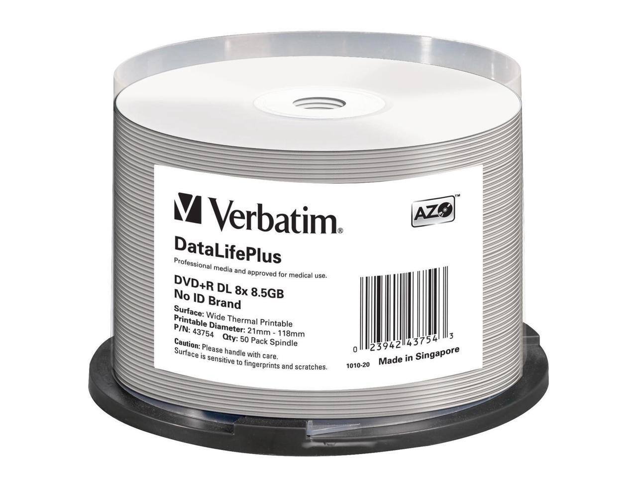Verbatim  
AZ DataLifePlus  
Professional media and approved for medical use.  
DVD+R DL 8x No ID 8.5GB  
Brand  
Surface: Wide Thermal Printable  
P/N: 43754  
Diameter: 21mm - 118mm  
Qty: 50  
Caution: Please handle with care.  
Surface is sensitive to fingerprints and scratches.  
Made in Singapore  
1010-20