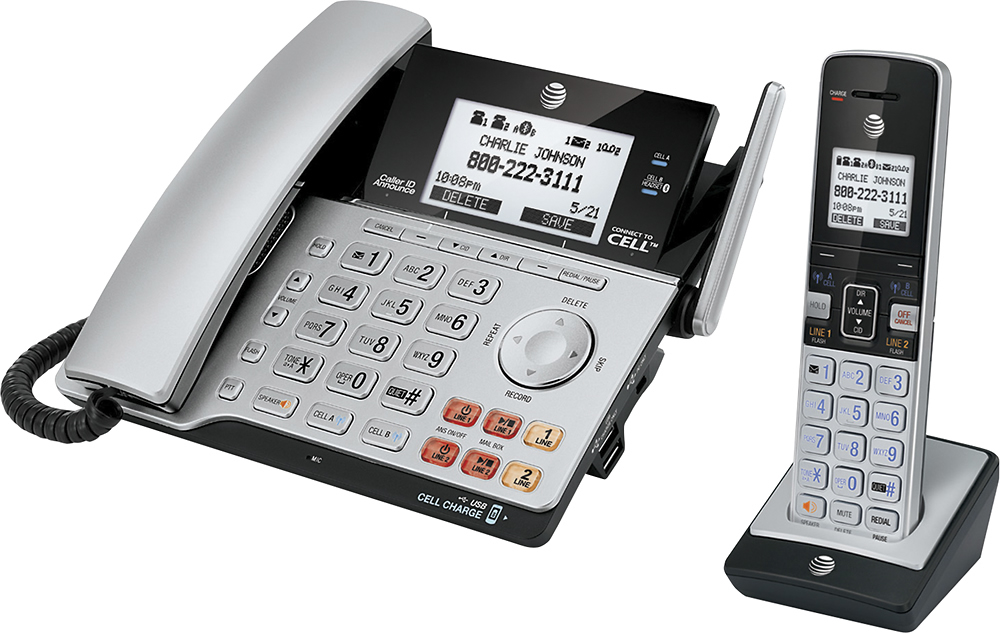 Left View: AT&T - TL86103 DECT 6.0 2-Line Expandable Corded/Cordless Phone with Bluetooth Connect to Cell and Answering System - Silver/Black