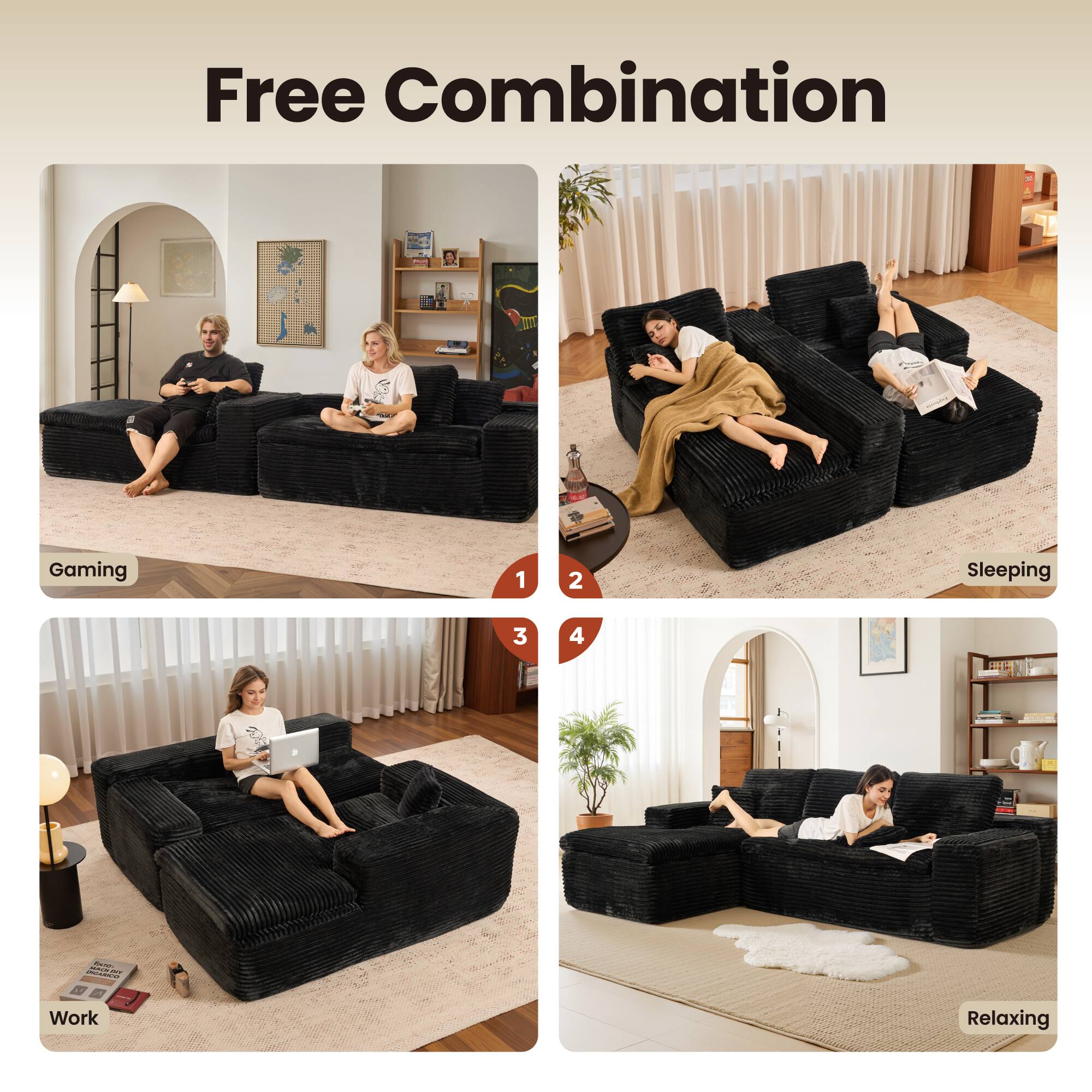 Free Combination

1. Gaming
2. Sleeping
3. Work
4. Relaxing