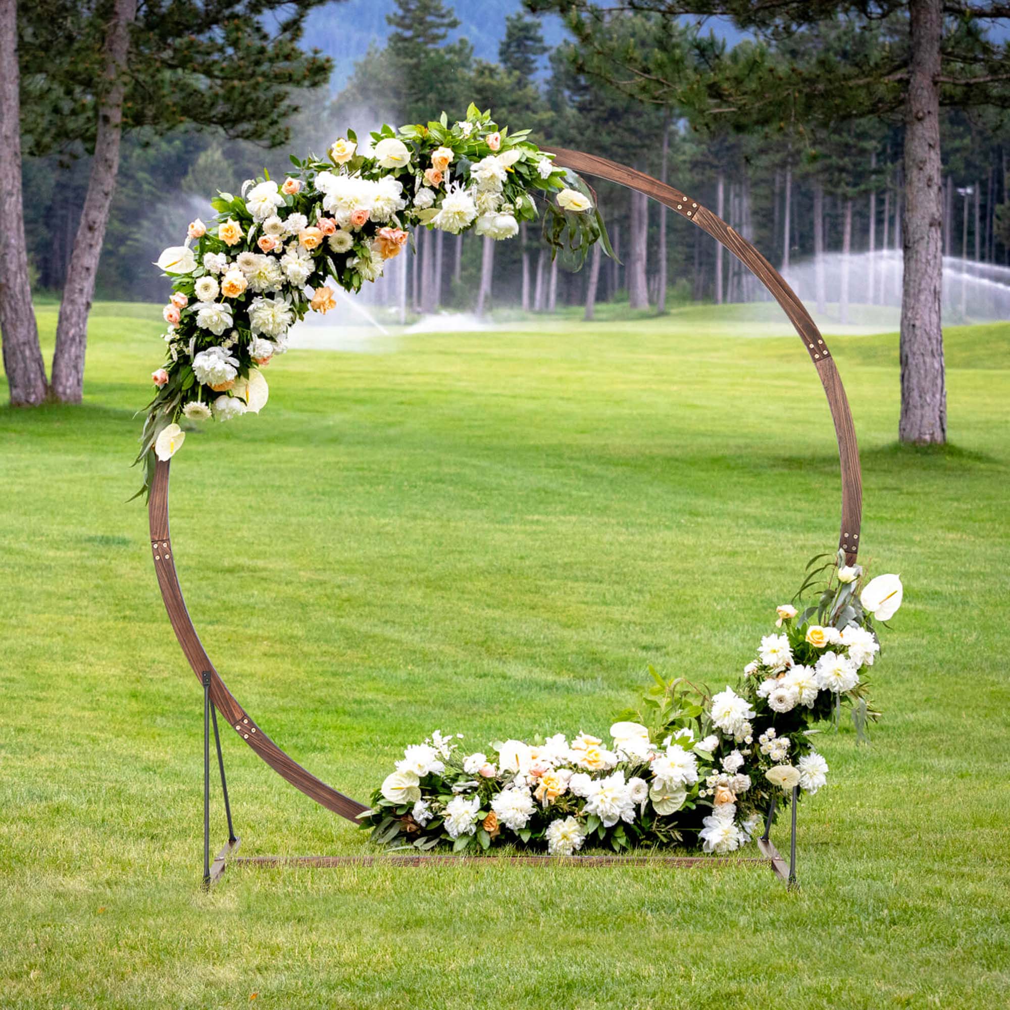 Alt View 2. Costway - 7.4 FT Round Wedding Arch Wooden Arbor Backdrop Stand with Triangular-Shaped Base - Brown.
