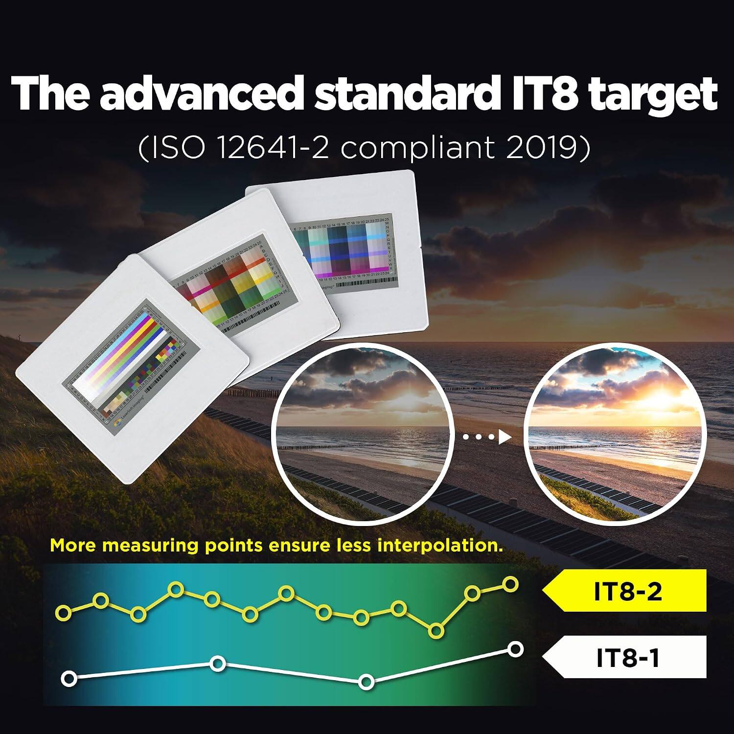 The advanced standard IT8 target (ISO 12641-2 compliant 2019)  
More measuring points ensure less interpolation.  
IT8-2  
IT8-1