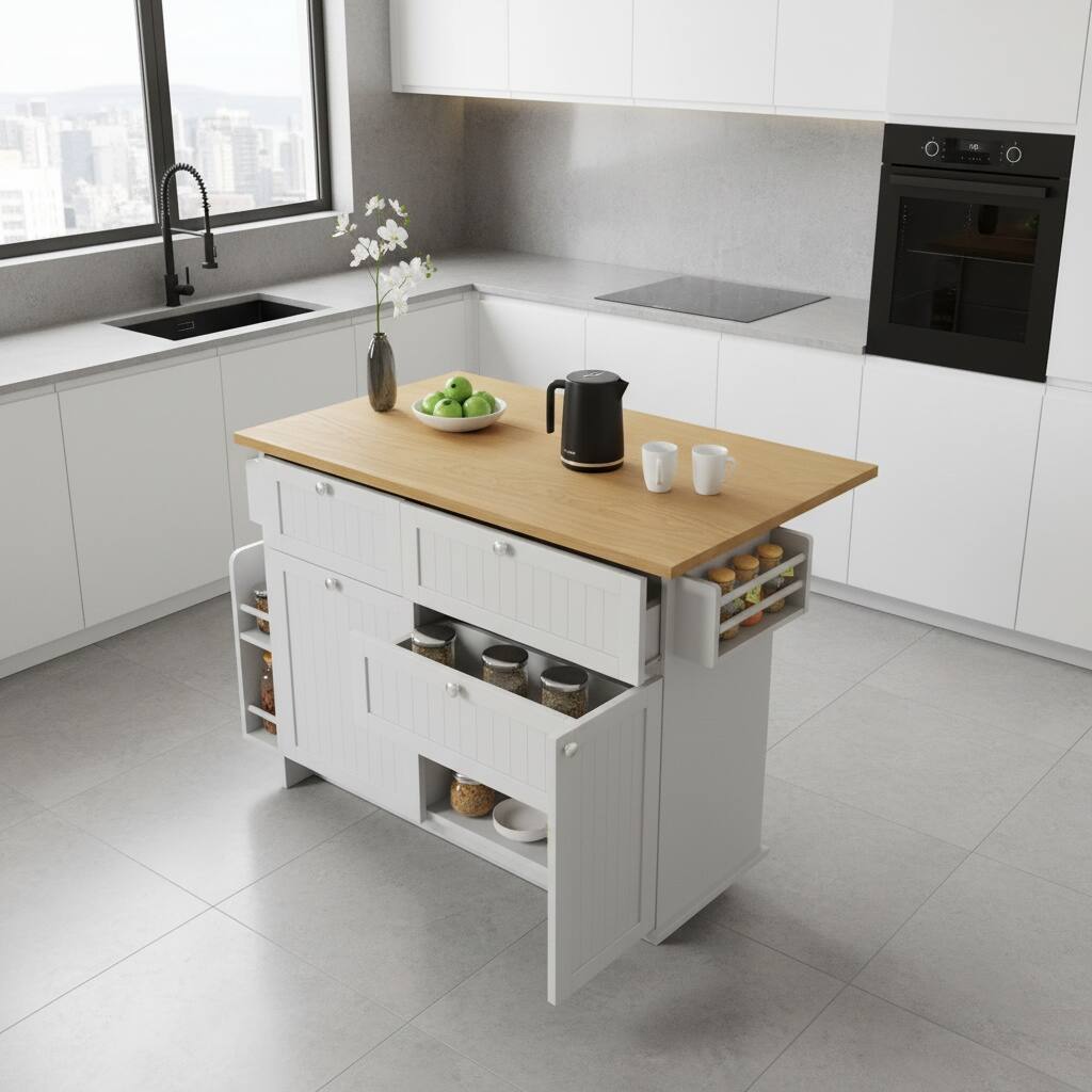 Left. Forest'nSky - Farmhouse Kitchen Island with Drop Leaf & 2 Seats, Storage Cabinet with Drawers & Power Outlet, White - White.