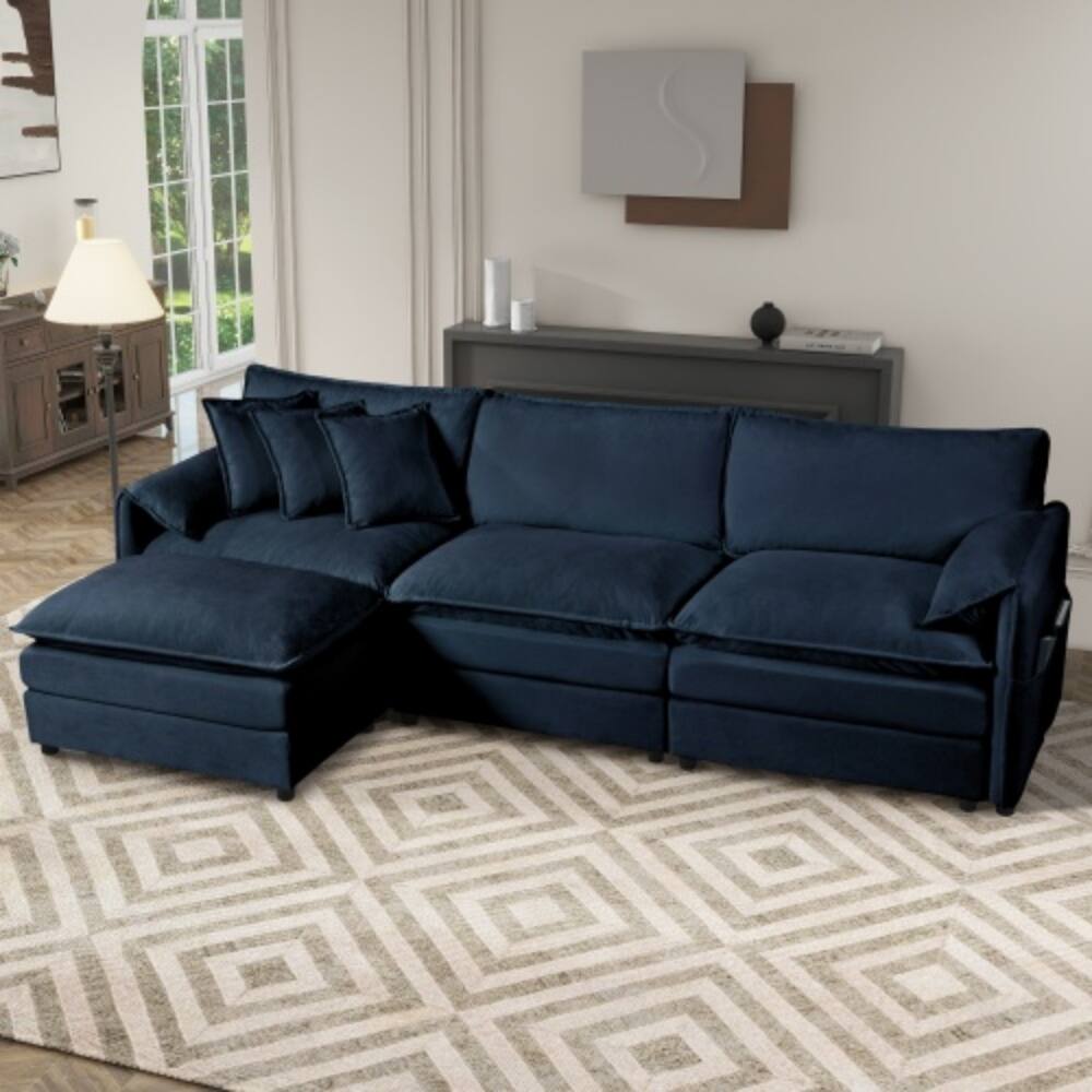 Front. LUCKY ONE - Oversized Deep Seat Modular L-Shape Sectional Sofa w/ Movable Ottoman DIY 3-Seater - Blue.