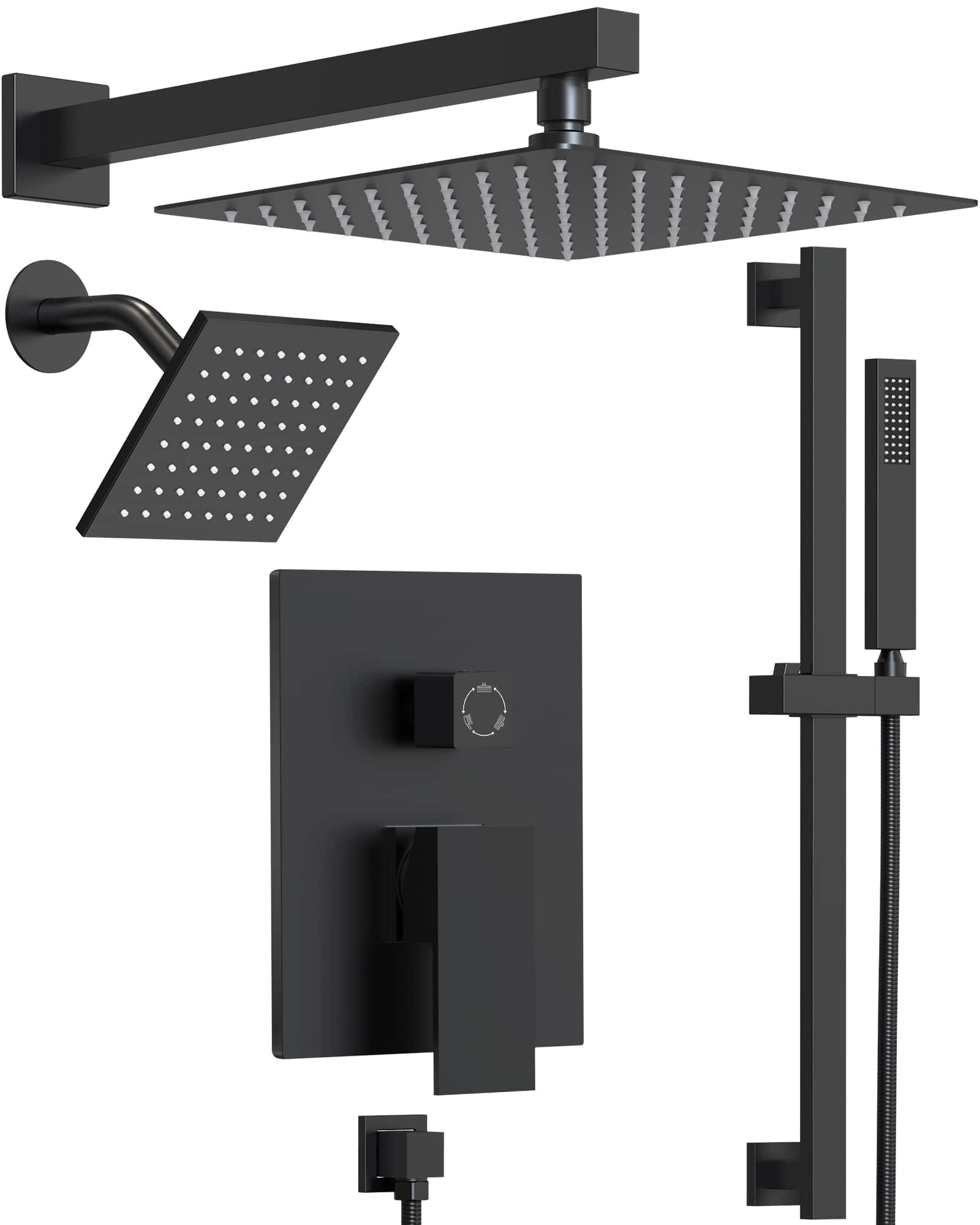 Front. GRANDJOY - 10" Wall Mount Shower System with Handheld Spray, Slide Bar, and Pressure Balance Valve for Modern Bathroom - Matte Black.