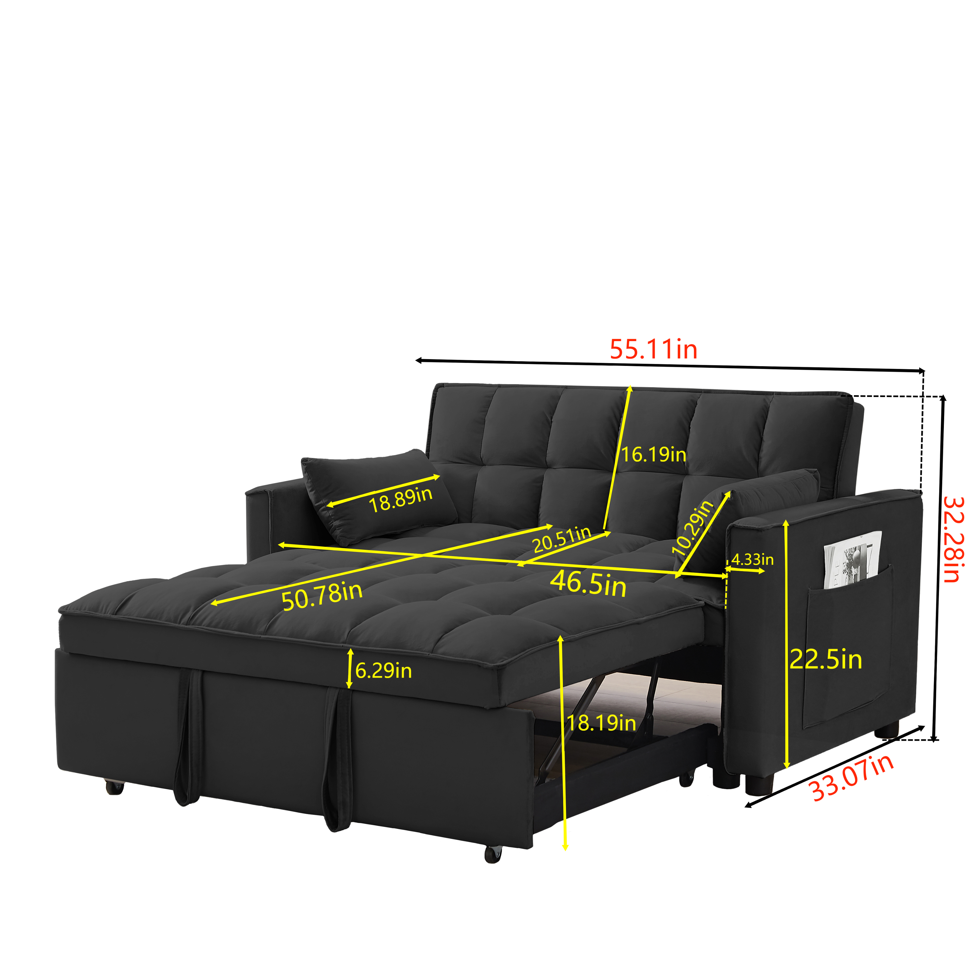 The dimensions of the sofa are as follows:

- Width: 55.11 inches
- Depth: 32.28 inches
- Height: 33.07 inches
- Seat Height: 18.19 inches
- Seat Depth: 20.51 inches
- Armrest Height: 18.89 inches
- Armrest Width: 4.33 inches
- Back Height: 50.78 inches
- Cushion Height: 16.19 inches
- Cushion Width: 50.78 inches
- Side Table Height: 22.5 inches
- Side Table Width: 10.29 inches
- Side Table Depth: 6.29 inches