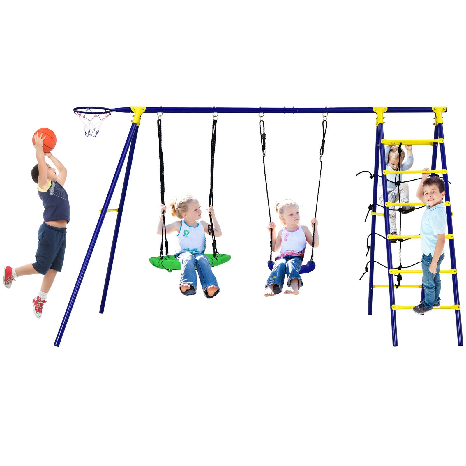 Front. Costway - Costway 5-In-1 Outdoor Kids Swing Set W/ Heavy Duty Swing Frame & Ground Stakes Backyard - Blue.