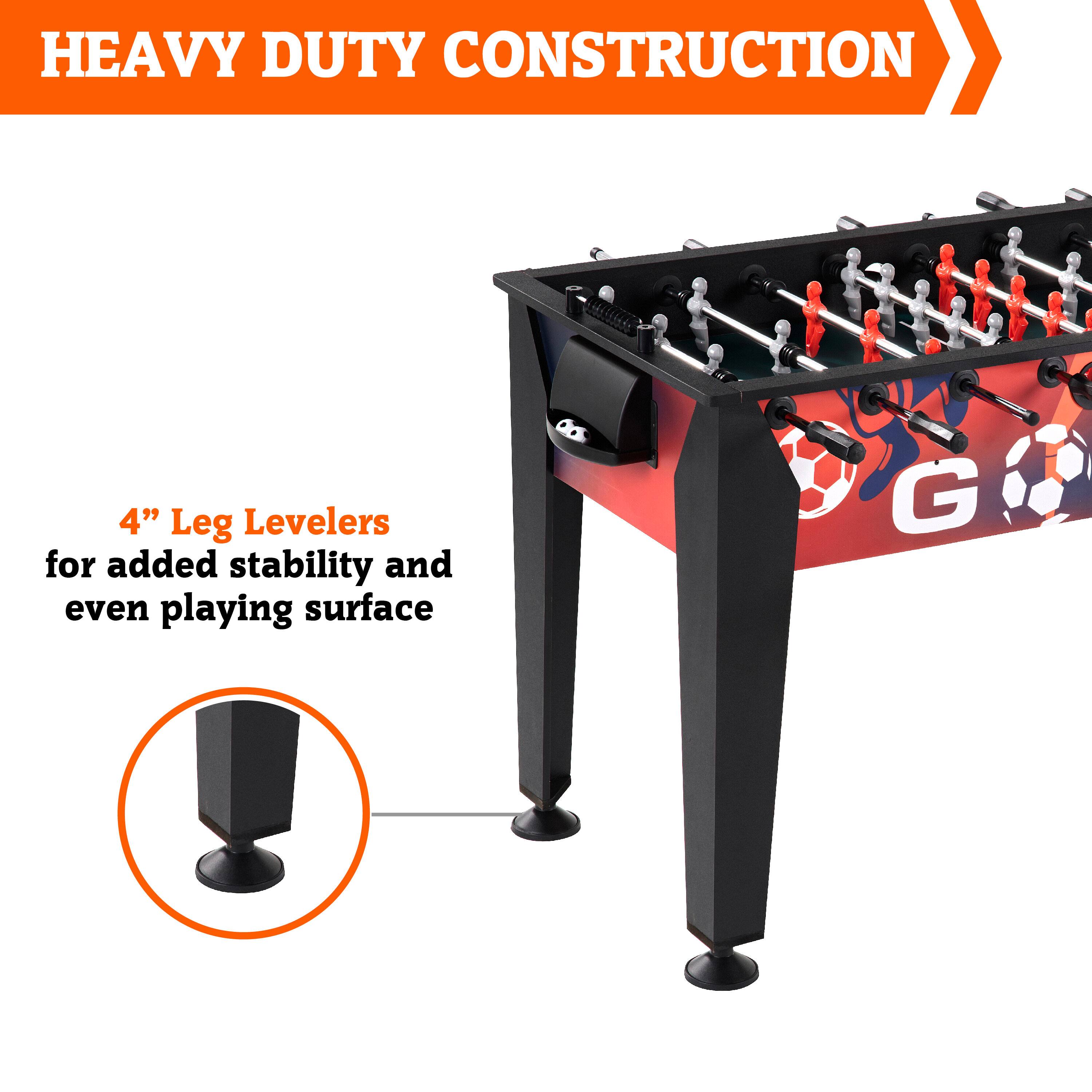 The text on the image reads: "Heavy Duty Construction 4" Leg Levelers for added stability and even playing surface."