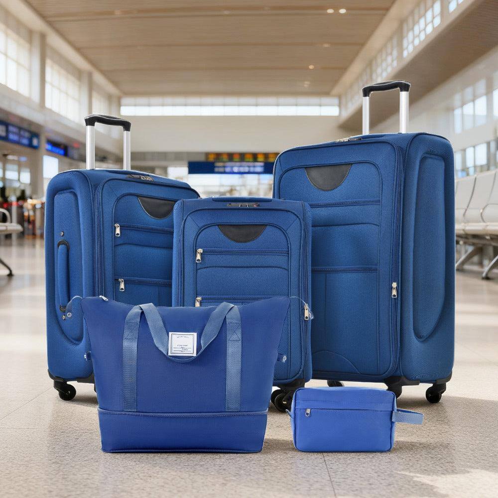 Angle. BreeBe - Softside 3-Piece Expandable Luggage Set with Duffel Bag, Upright Spinner Softshell Suitcases, Lightweight Travel Set - Navy Blue.