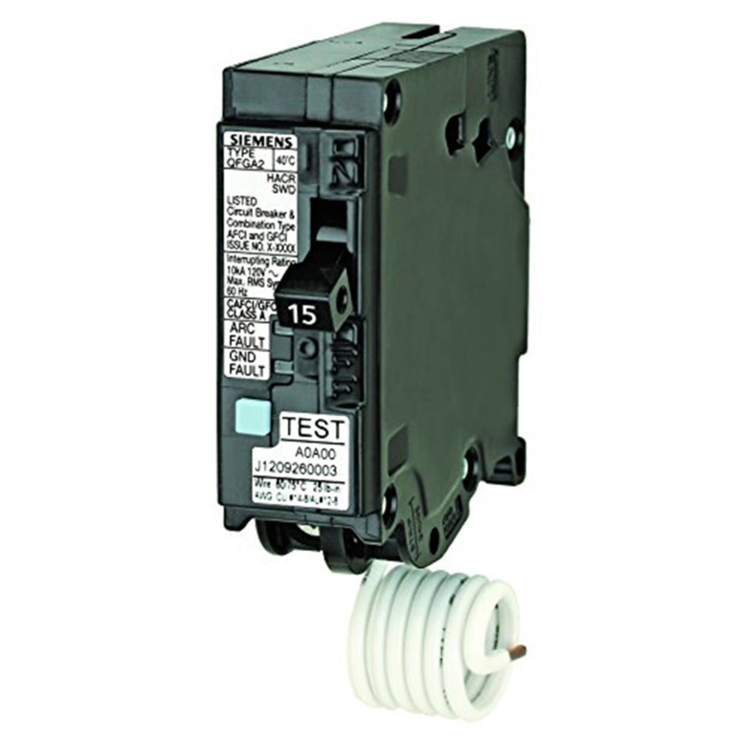 SIEMENS TYPE QFGA2 40C HACR SWD LISTED Circuit Breaker & Combination Type AFCI and GFCI

ISSUE NO X-X0X0XI

Interrupting Rating: 10kA 120V

Max RMS Sg: 60 H

CAFCI: CLASS A

15 ARC FAULT GND FAULT TEST

AOAOO

J1 209260003

Wure M 0

ANG Cu

rABAFS