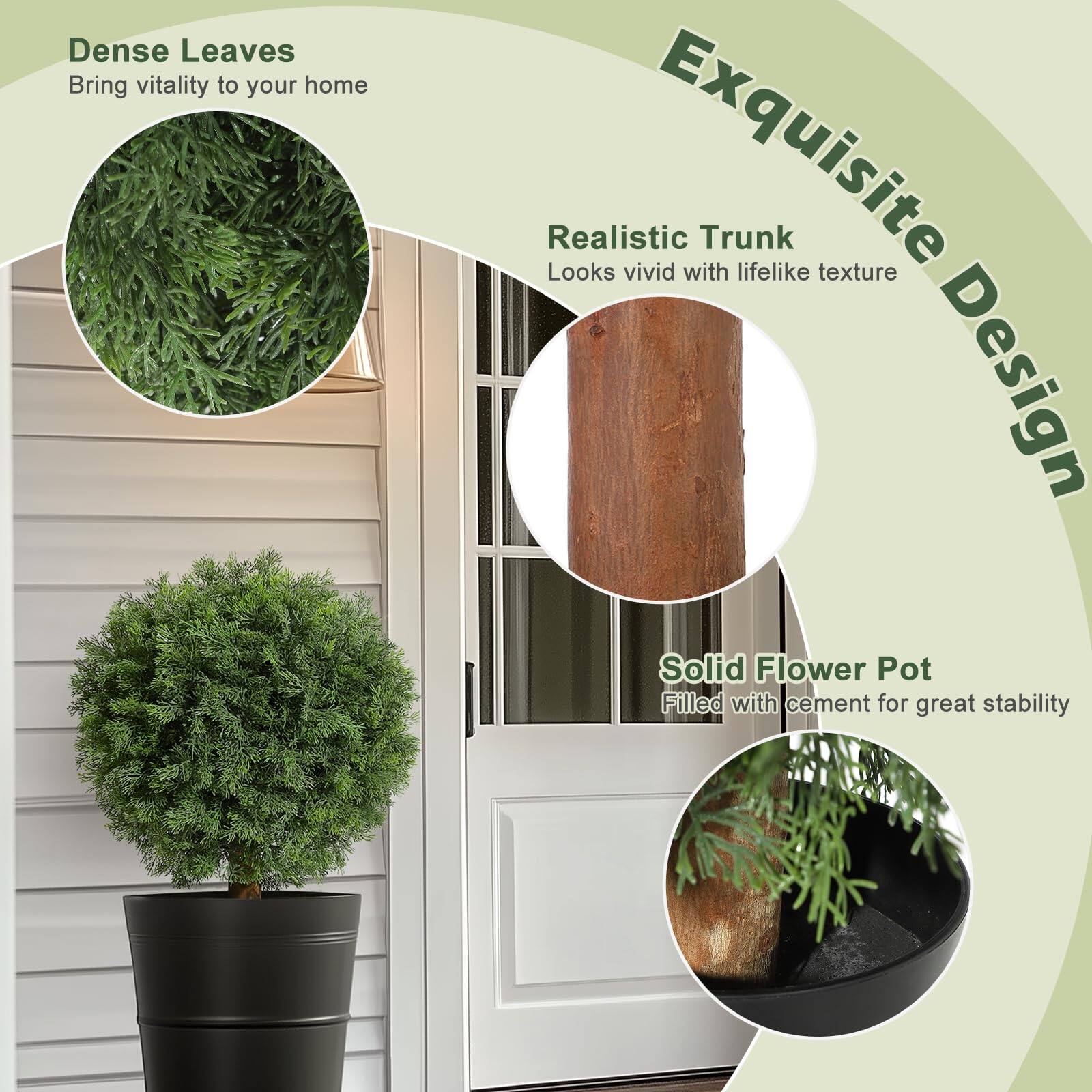 - Dense Leaves
  - Bring vitality to your home

- Realistic Trunk
  - Looks vivid with lifelike texture

- Solid Flower Pot
  - Filled with cement for great stability

- Exquisite Design