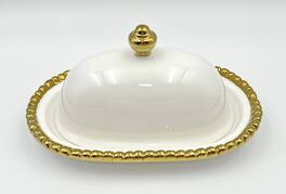 Jiallo - 8" Contemporary Gold Bead Bowl – Modern Decorative Serving Bowl with Beaded Rim - White